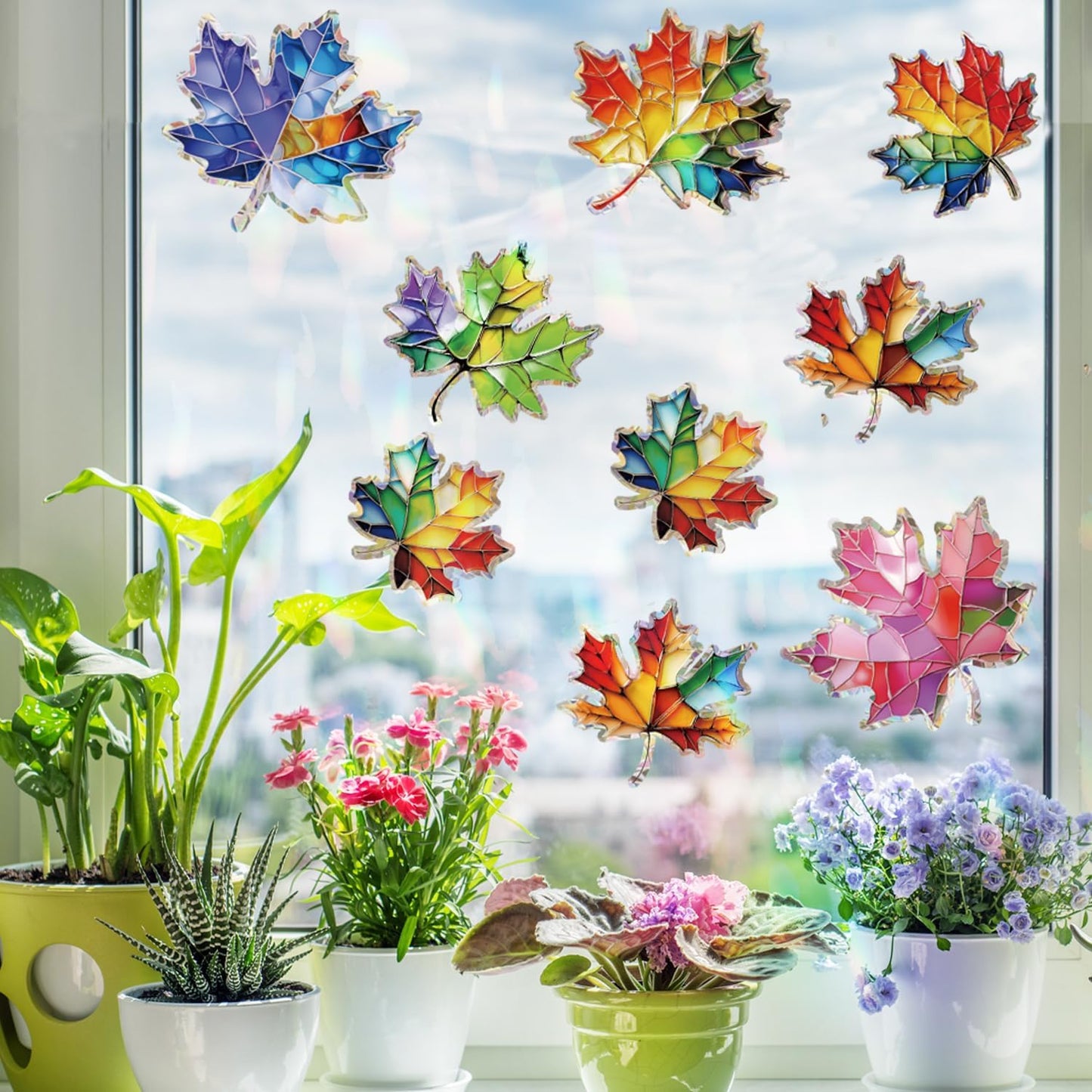 14pcs Window Decals for Bird Strikes, Anti Collision Window Clings, Rainbow Reflection Window Sticker, Maple Leaf Style Sun Catcher Stickers for Glass Windows