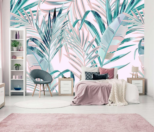 Tropical Pink Palm Leaf Wallpaper Girls Bedroom Colorful Plant Leaves Wall Mural Living Room (Not Peel and Stick)
