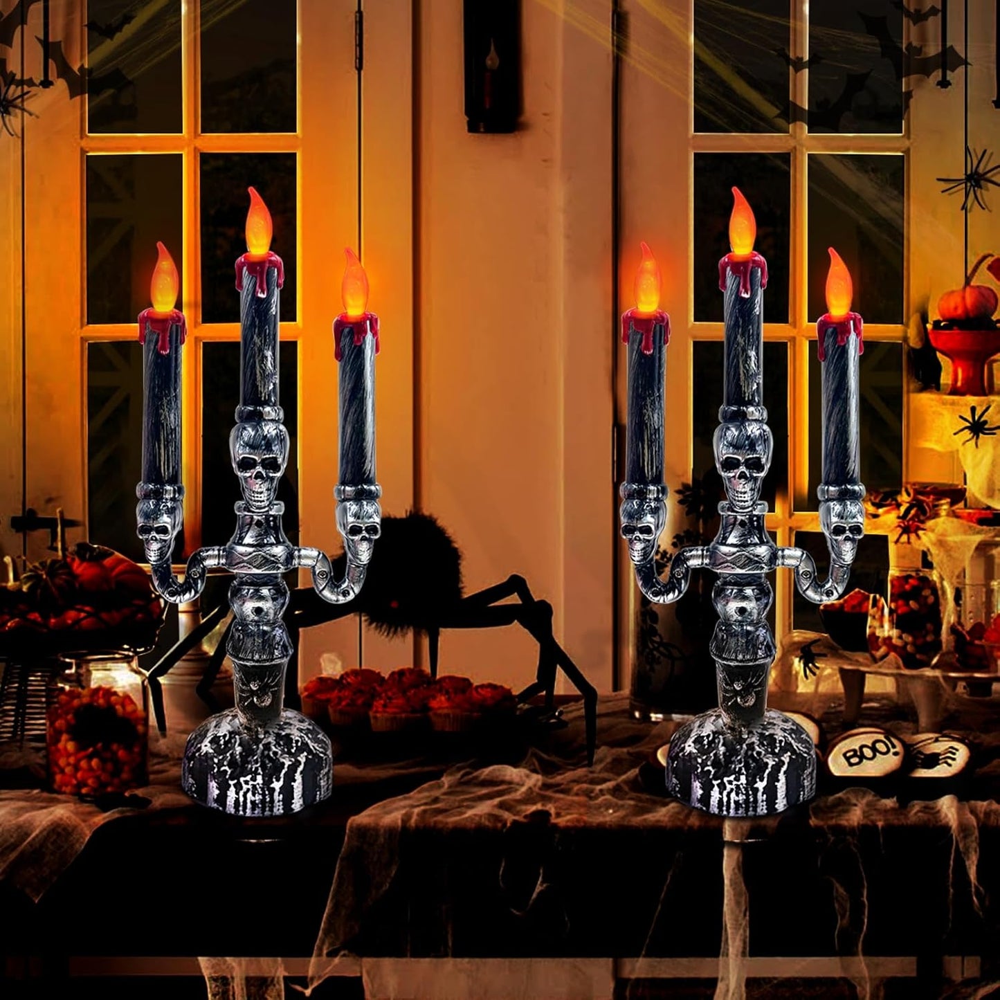 TURNMEON 2 PCS Skull Halloween Candles Lamp,Halloween Decorations Indoor 3-Candles Candelabra LED Lights Battery Operated Candles Holder, Halloween Decor for Home Table Party Room Scary Haunted House