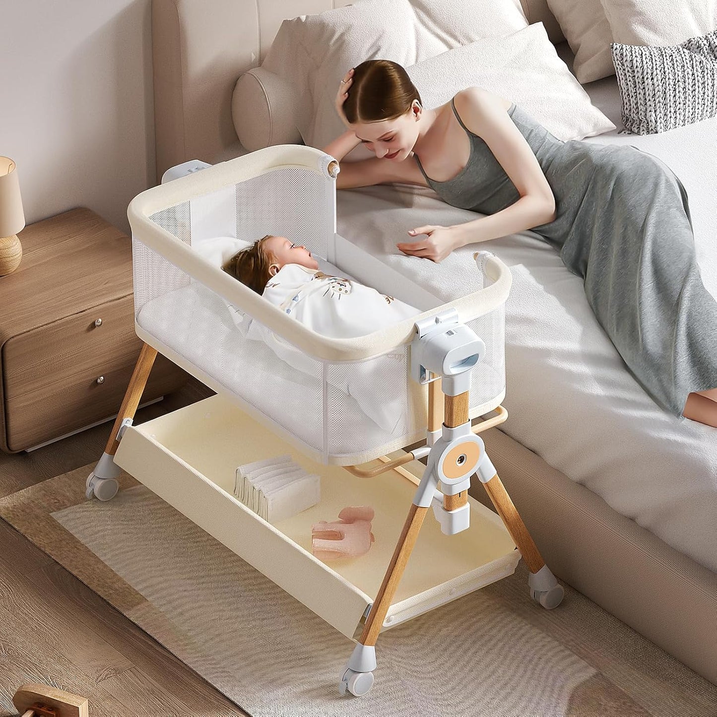 3 in 1 Baby Bassinet,Bedside/Rocking Bassinet for Baby,Bedside Crib with Lockable Wheels,Waterproof Mattress,Adjustable 6 Heights,Portable Bassinets Bedside Sleeper for Newborn Infant-Beige