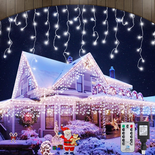 Icicle Christmas Lights Outdoor Decorations 640 LED 65.6 FT 8 Modes LED Icicle String Light with 120 Drops, Fairy String Curtain Lights for Christmas Holiday Decor Wedding Party (Cold White)