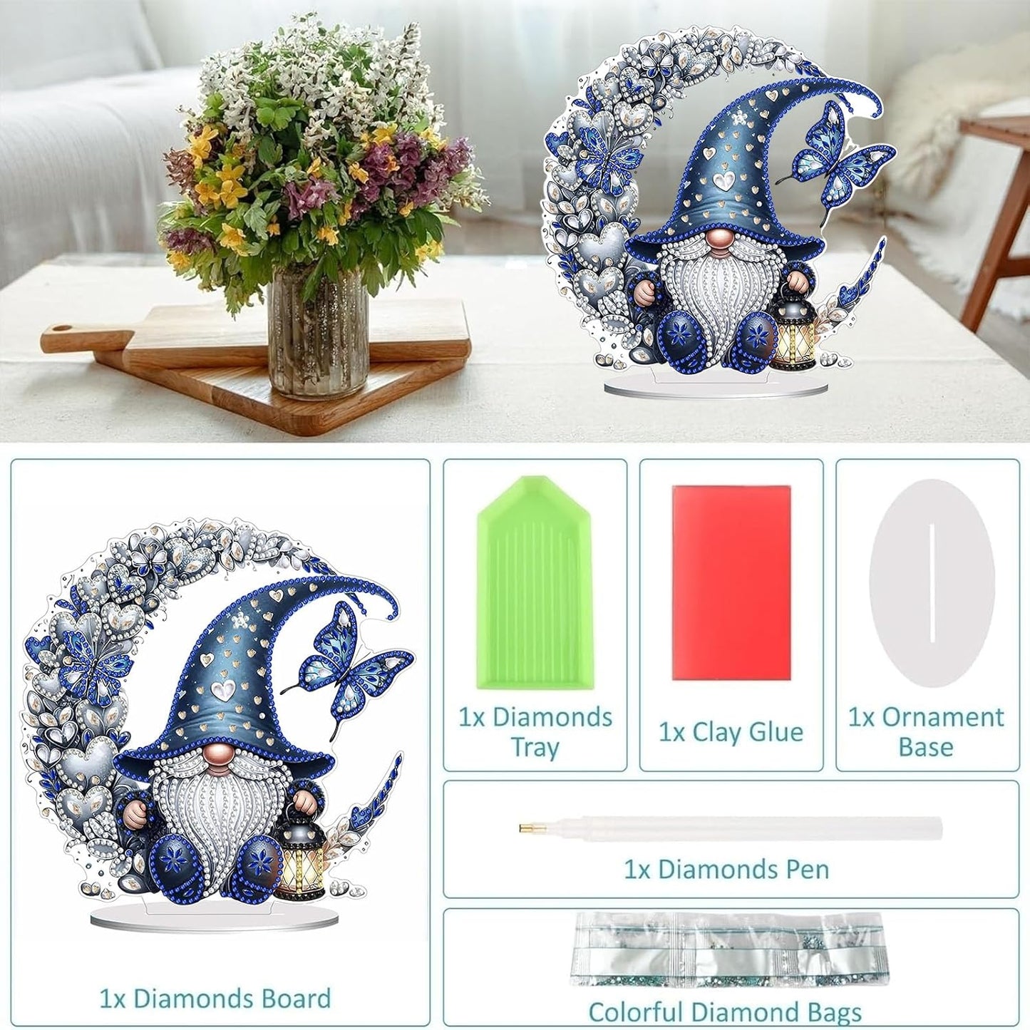 Diamond Painting Kits for Adults Beginners, 5D Full Drill Dwarf Moon Crystal Art Desktop Ornament, DIY Single Sided Home Office Desk Decor, Creative Craft Gift Set with Tools