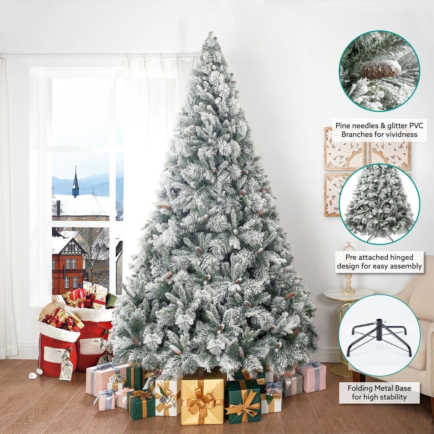 Naomi Home 7 5ft Snow Flocked Christmas Tree with Lights Realistic Spruce Christmas Tree with Pine Cones Berries Foot Pedal 1346 Branch Tips 550 Warm Lights and Metal Stand Pre Lit Xmas
