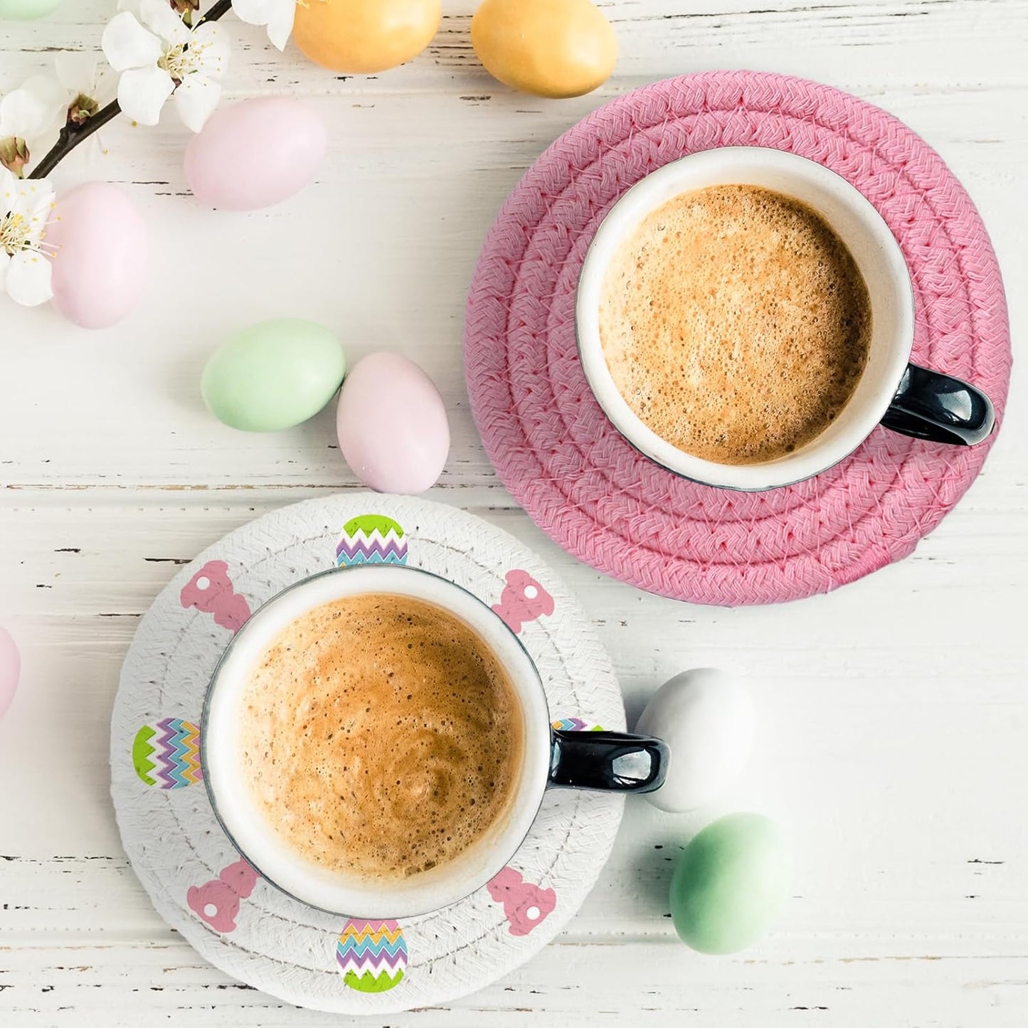 Whaline 4Pcs Easter Bunny Rabbit Egg Cotton Coasters - Handmade Braided Drink Coasters - Pink & White - Absorbent Round Tabletop Protection