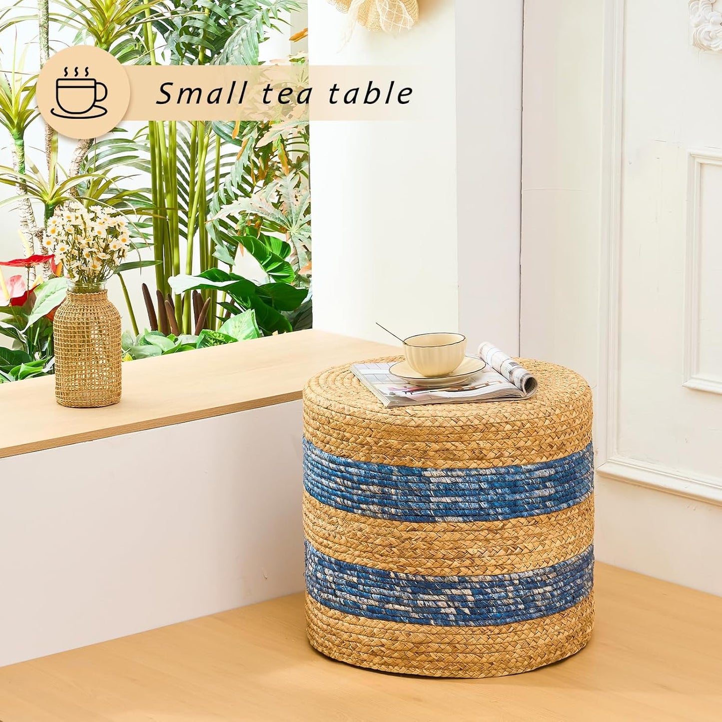 Handwoven Ottoman Pouf, Natural Water Hyacinth Footstool, Round Braided Outdoor Seat with Sturdy Frame, Boho Accent Stool for Patio, Balcony, or Garden (Blue)
