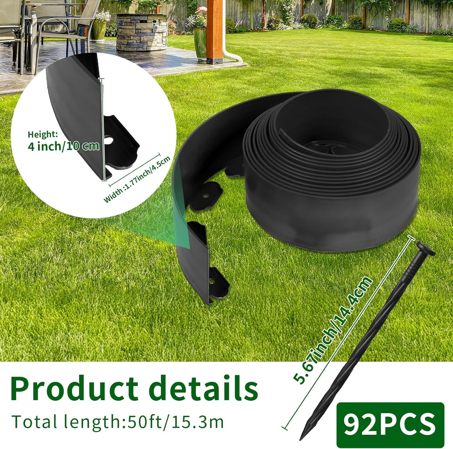 4 in x 50 Ft Garden Landscape Edging, No Dig Garden Edging Border Kit with 92 Pcs Spikes for Flower Bed Lawn Yard Grass Black
