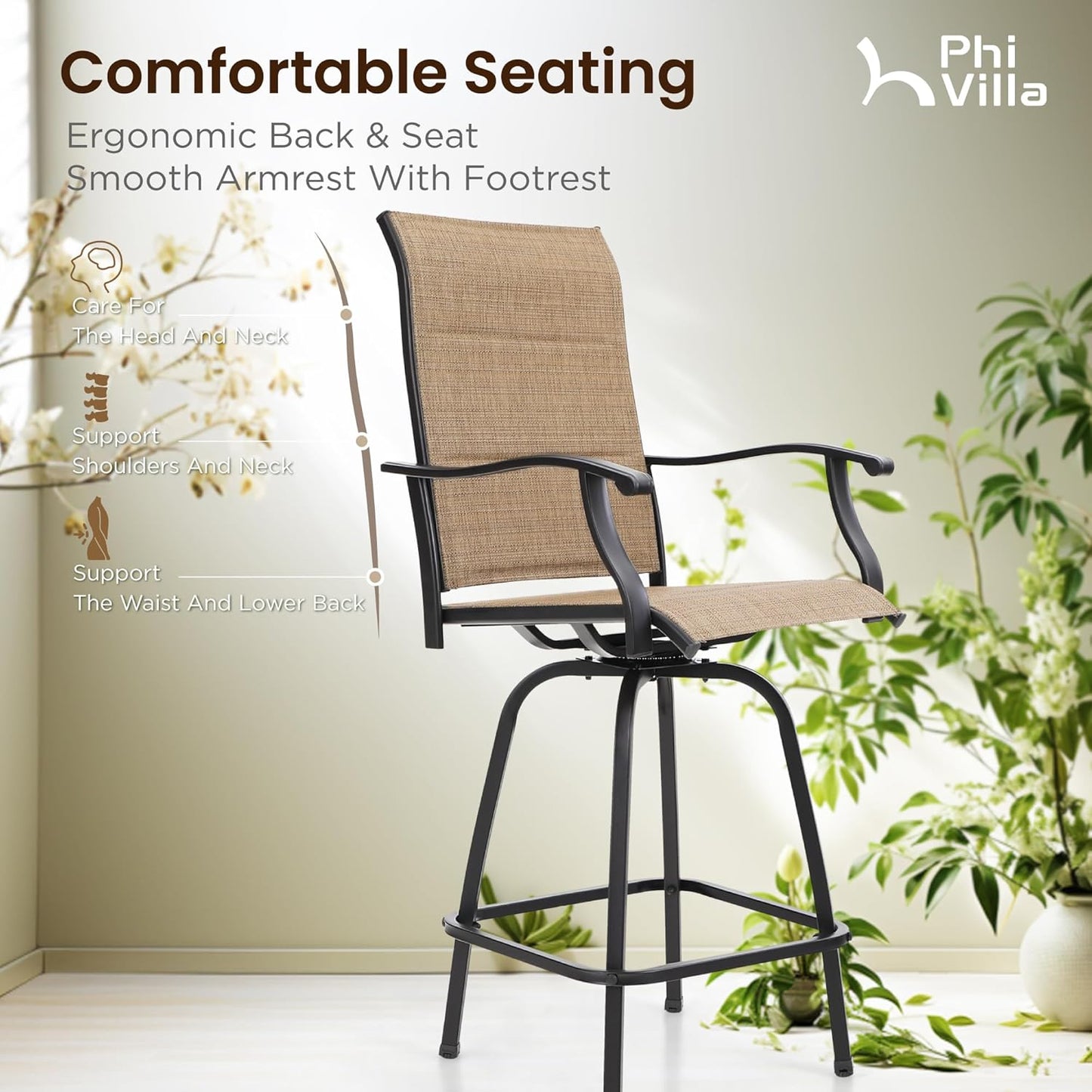 PHI VILLA 5 Piece Outdoor Bar Set, High Top Patio Dining Table and Chairs with 4 Swivel Padded Bar Stools (Brown) & Wood-Like Steel Bar Table for Deck, Garden, Poolside and Porch