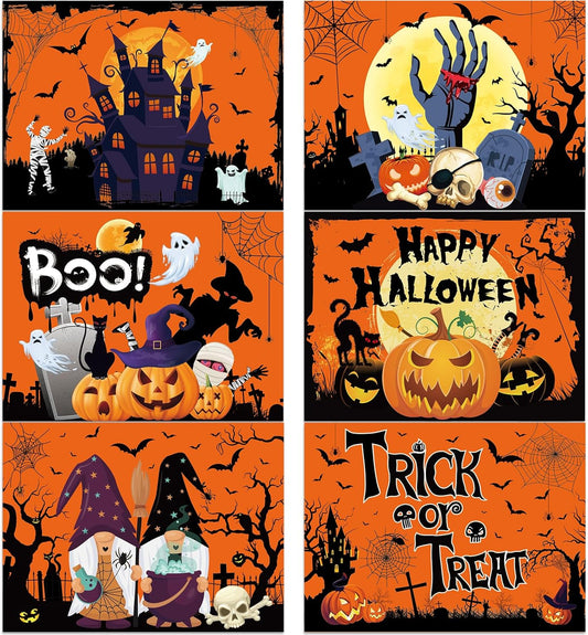 Plastic Placemats Set of 6 Halloween Table Mats - Trick or Treat Kitchen Decor - Wipe Clean, Washable, Recyclable - Orange Place Mats for Indoor/Outdoor - Heat Resistant - Kitchen/Dining Table