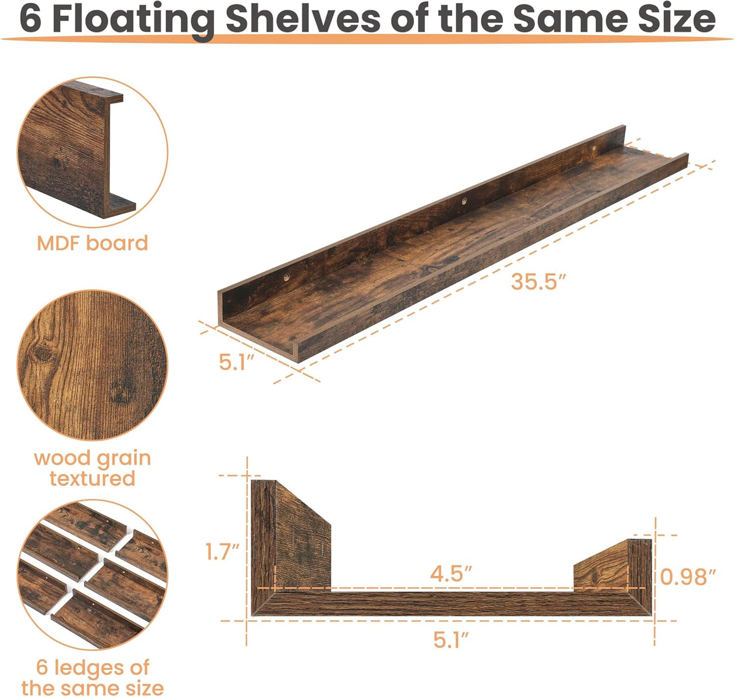 upsimples Floating Shelves for Wall, Wall Shelves for Decor Storage Set of 6, Wall Mounted Wood Shelf for Bedroom, Living Room, Bathroom, Kitchen, 35.5 inch Long Picture Ledge Shelf, Brown