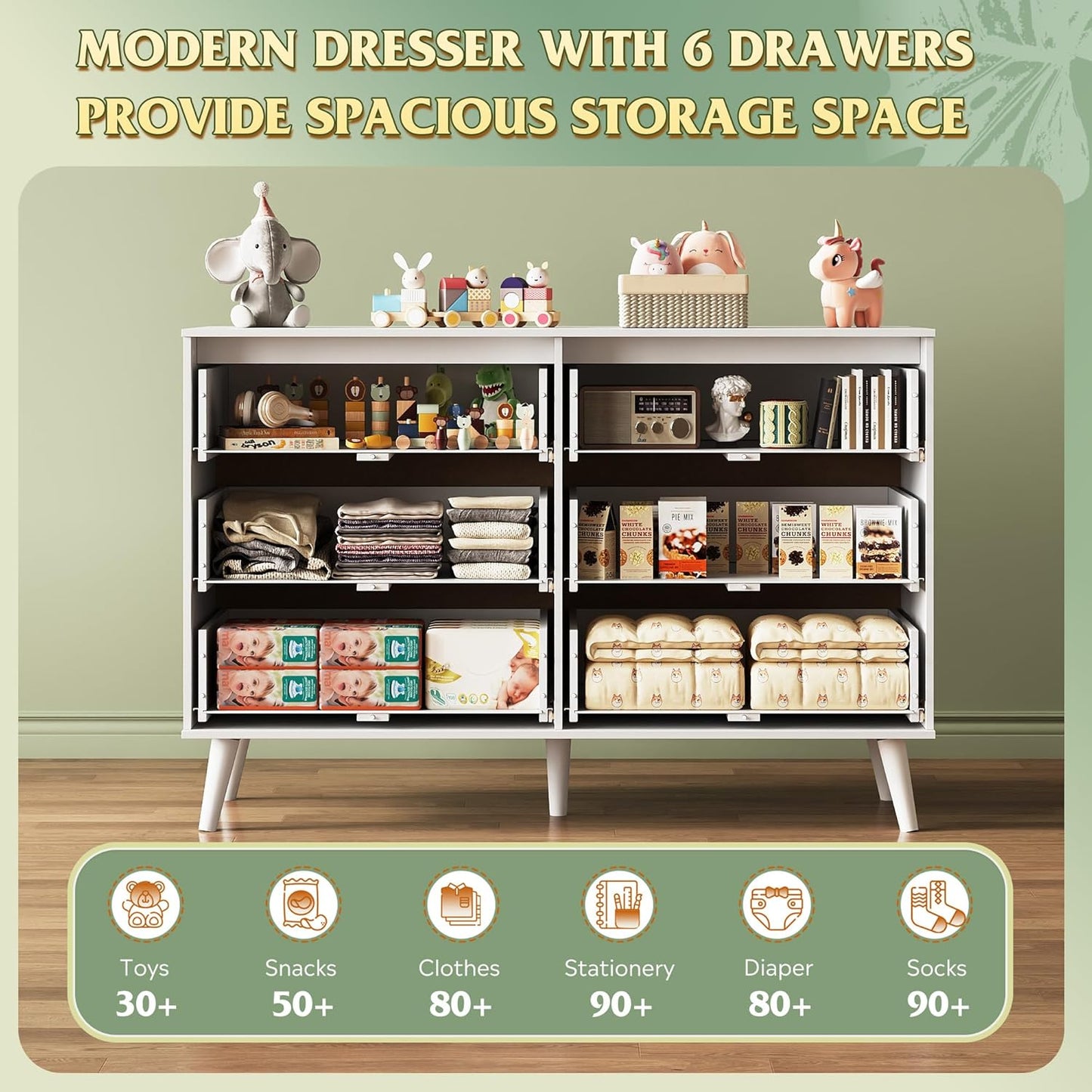 WLIVE 6 Drawer Dresser for Bedroom, 47.24'' Wide Wood White Dresser, Storage Organizer with Sturdy Metal Handle, TV Stand for 55 inch TV, Chest of Drawers for Living Room, Hallway, Closet