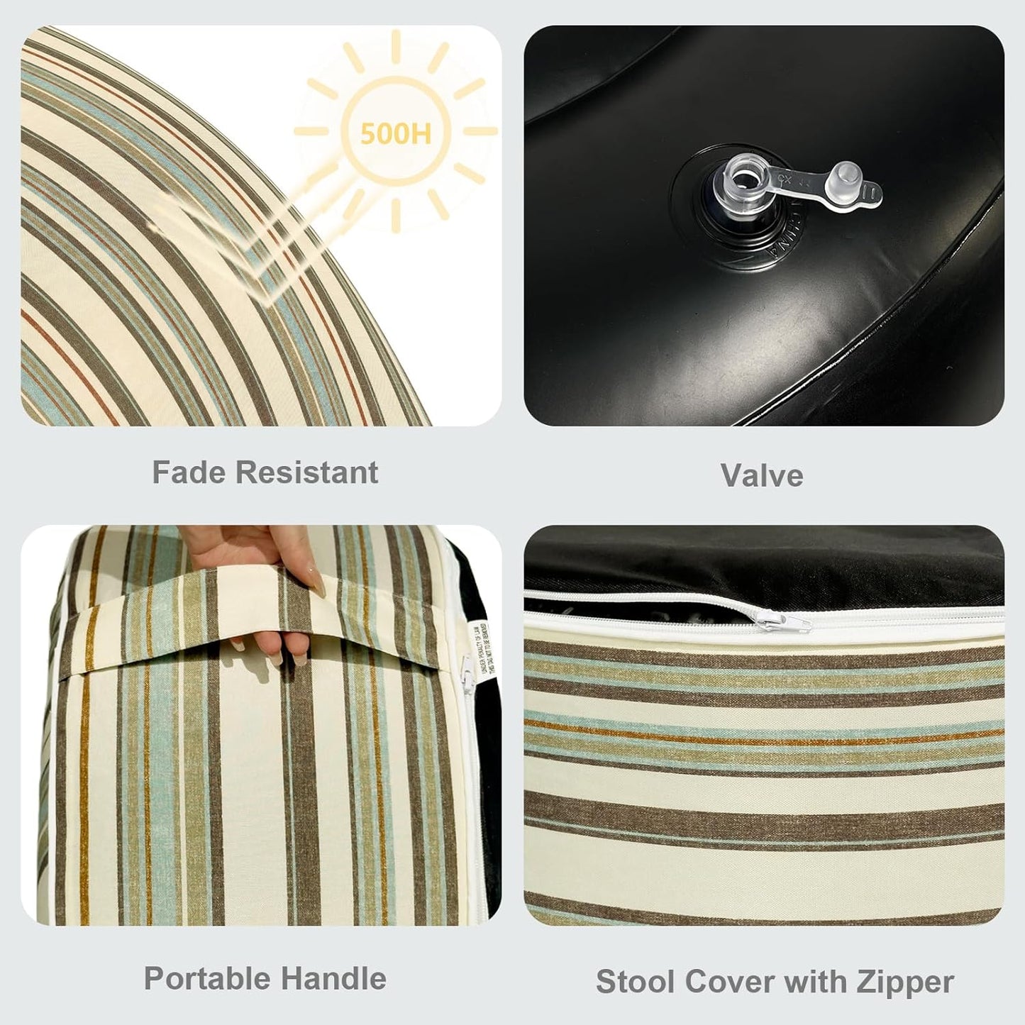 LVTXIII Inflatable Stool Ottoman Footrest with Handle, Decorative Fade-Resistant Foot Stool, Indoor or Outdoor Pouf for Home Garden and Camping Use, 21x21x9, Stripe Onyx