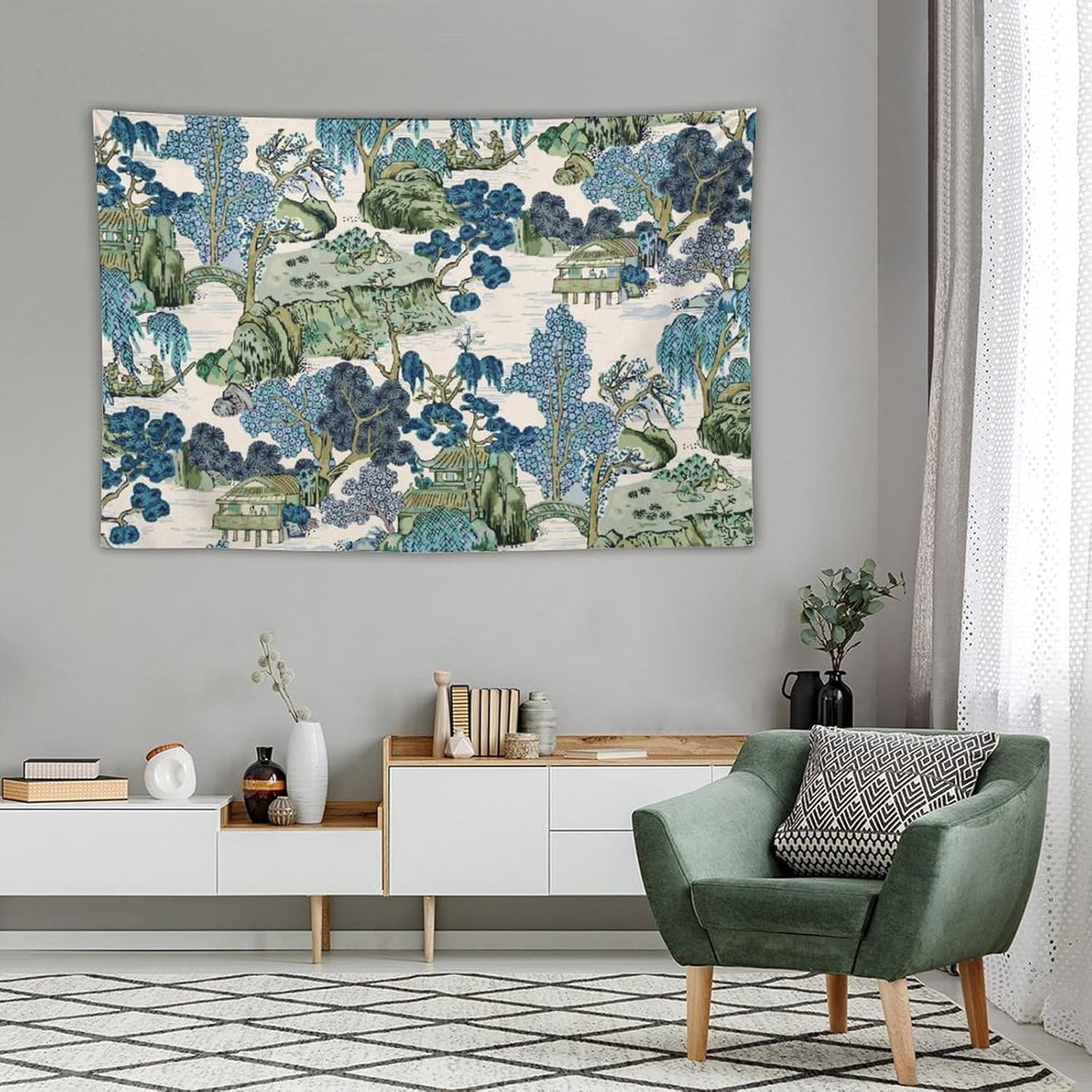 Chinoiserie Tapestry,Asian Watercolor Abstract Art Tapestry,Asian Japanese Wall Tapestry, Nature Landscape Tapestries for Bedroom Living Room Decor 60"x40"