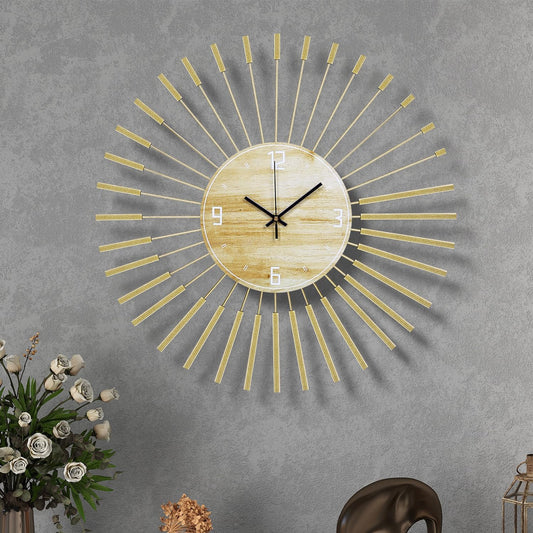 Large Starburst Wall Clock Mid Century Battery Operated Sunburst Clock Modern Wall Clocks Round Gold Wall Clock Non-Ticking Clock for Living Room Bedroom Kitchen Office-23.6inch