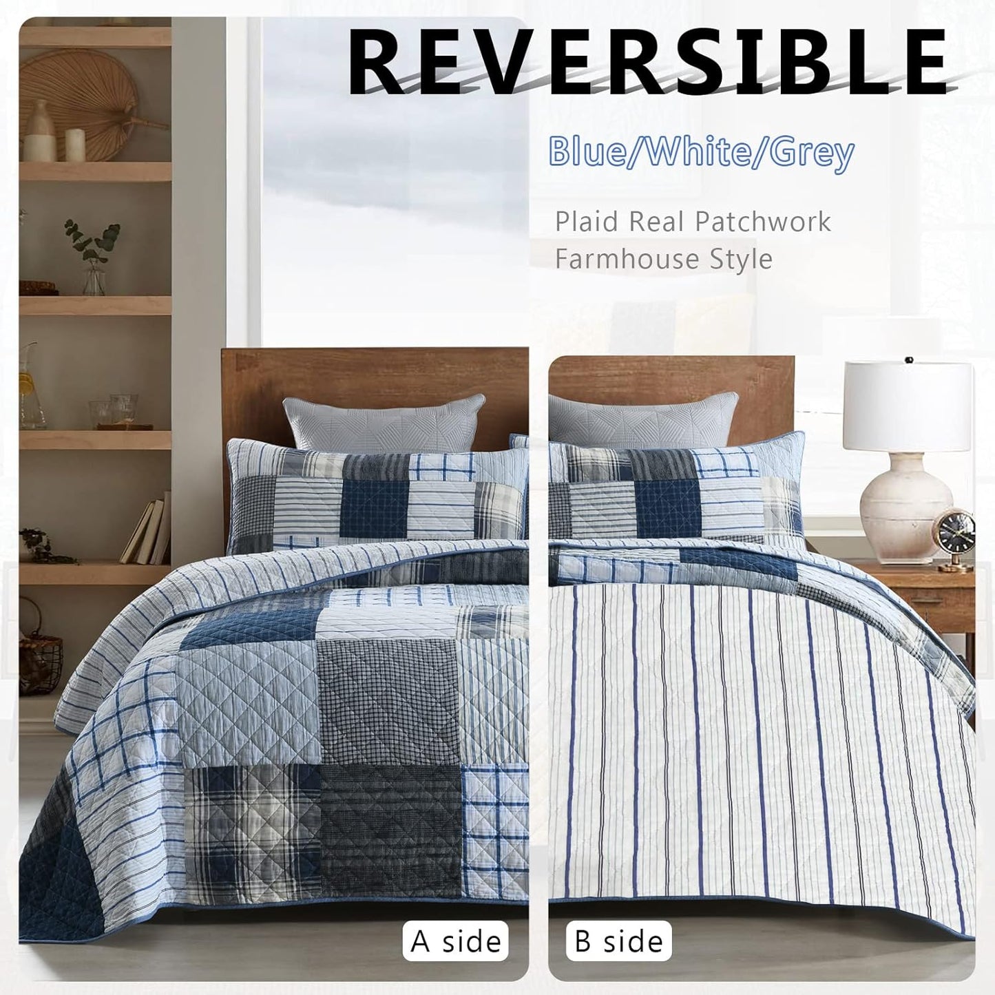 Yvooxny King Quilt Set Bedspread Reversible Plaid Grid Quilted Bedspread 3-Piece Real Patchwork Quilt Bedding Set with Pillowcases for All Seasons, King Size, 108 * 96 Inches