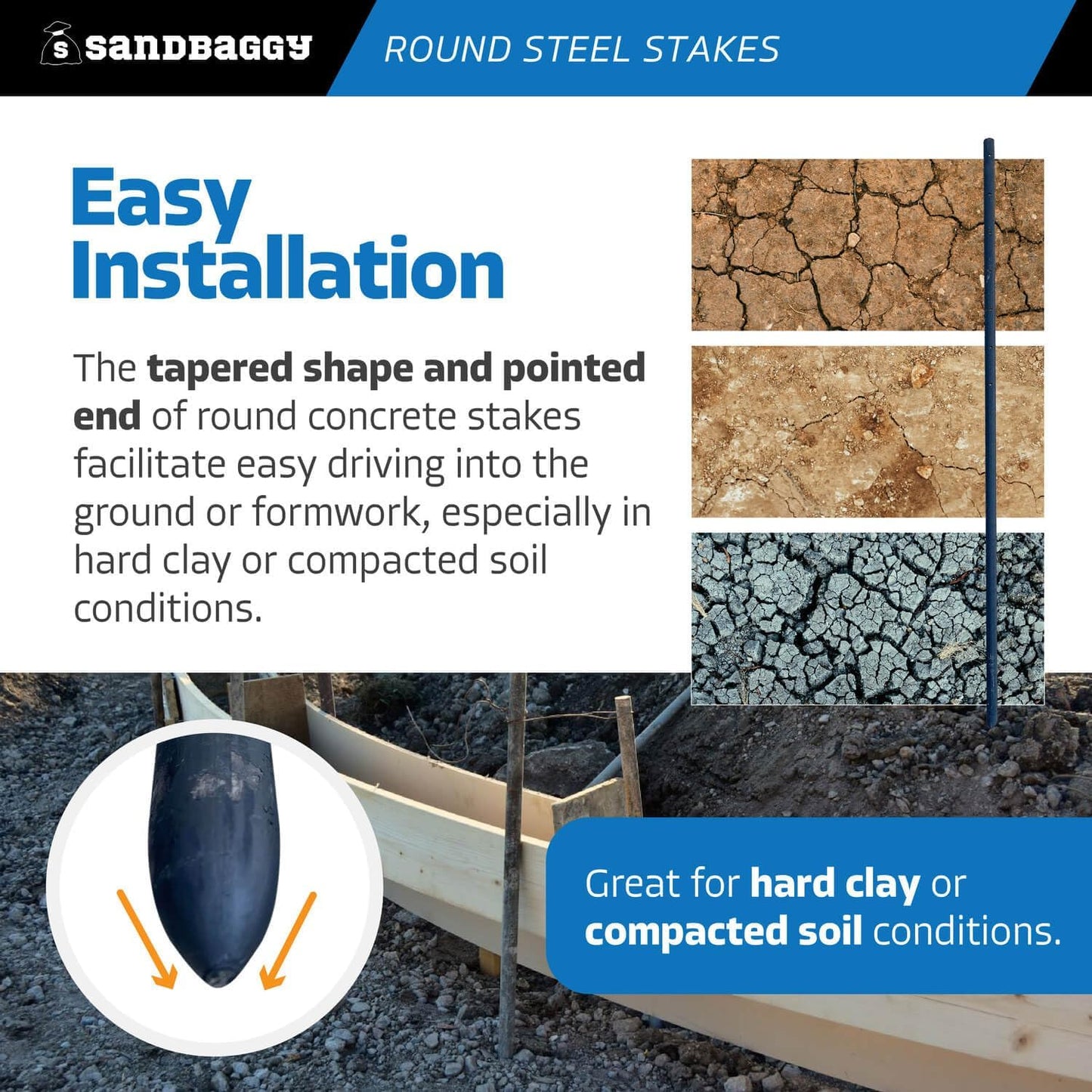 Sandbaggy Round Steel Concrete Form Stakes with Nail Holes - Rust Resistant Coating - Removable, Reusable (10, 3/4 in X 48 in)