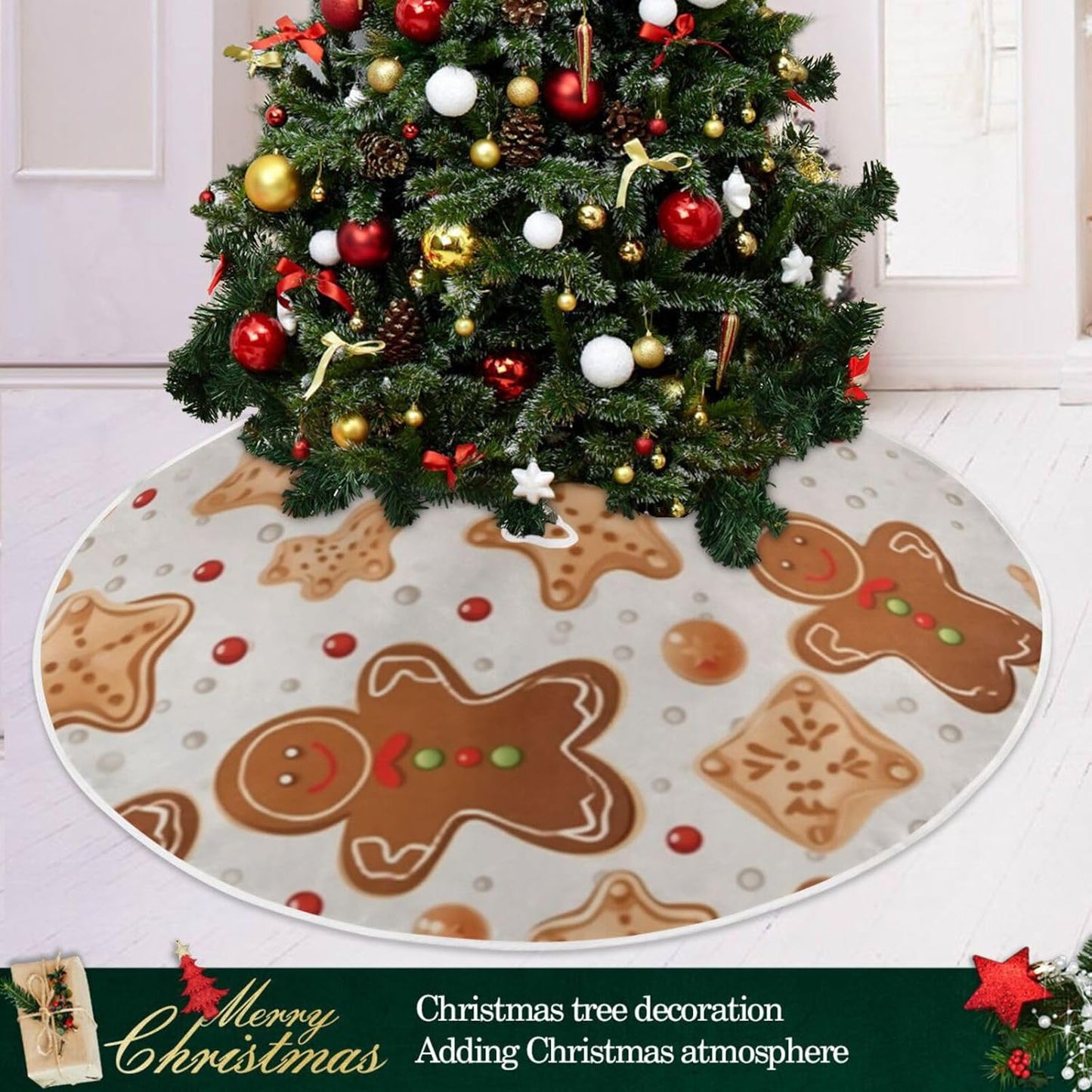 Gingerbread Christmas Tree Skirt - 36 Inch Xmas Tree Mat for New Year Party Decorations