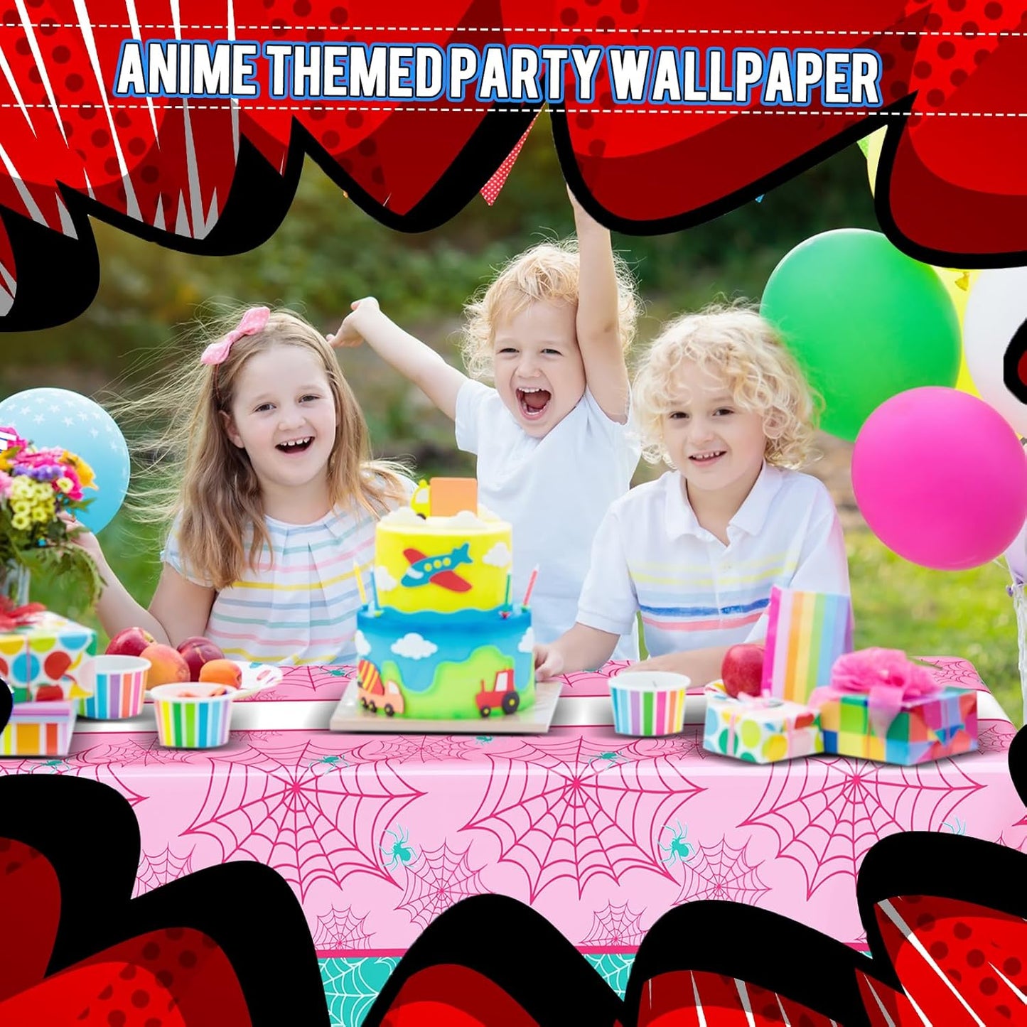 Oudain 3 Pack Spider Theme Birthday Decorations Halloween Purple Black Red Pink Green Web Ghost Bat Tablecloth Cartoon Table Cover Party Favor for Birthday (Pink,Green,Spider)