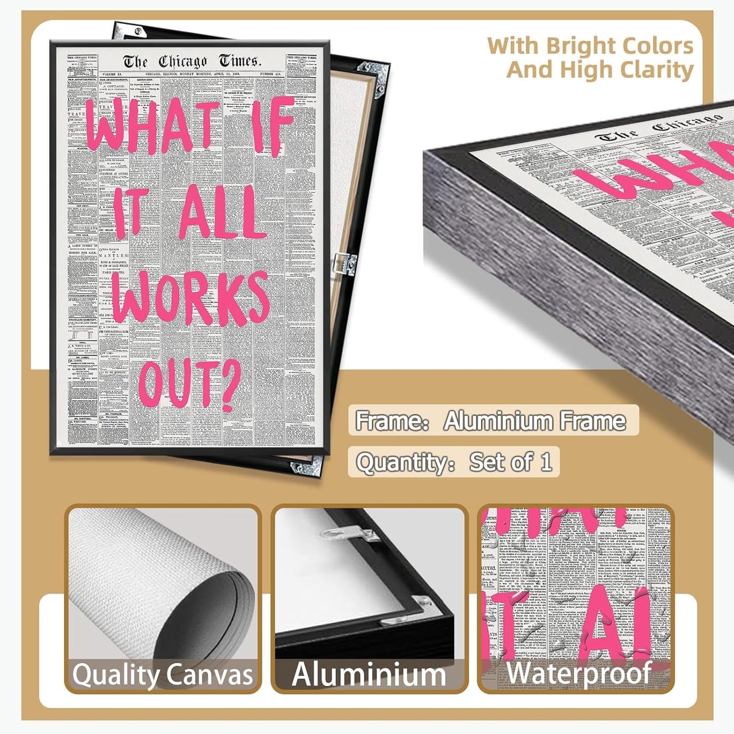 Liyark Retro Trendy Newspaper Canvas Wall Art 'What If All Works Out' Poster, Black and White, Pink Font, 24x36in Framed, Home Office Decor