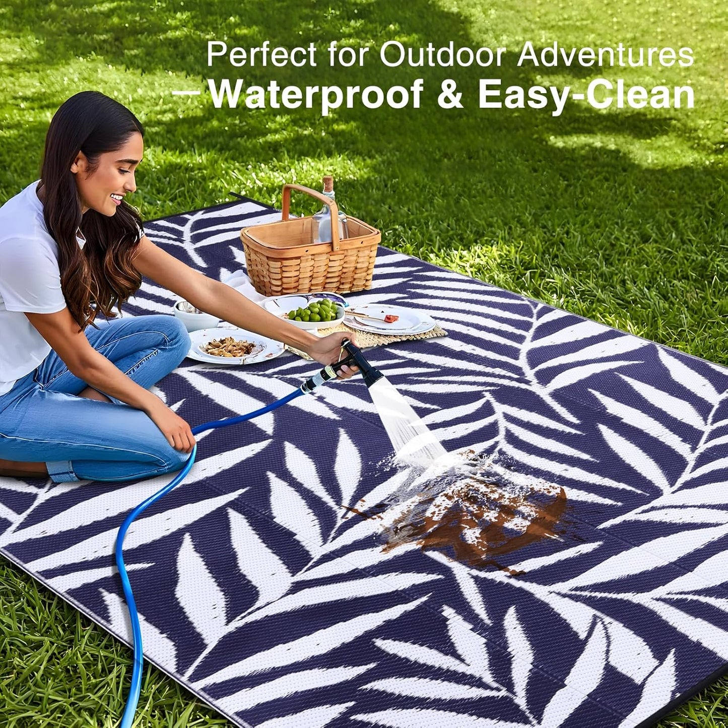 OLANLY Waterproof Outdoor Rug 8x10 ft, Reversible Outdoor Plastic Straw Rug with Leaf Pattern, RV Mat, Indoor Outdoor Carpet for Patio, Camping, Balcony, Deck, Backyard, Navy & White