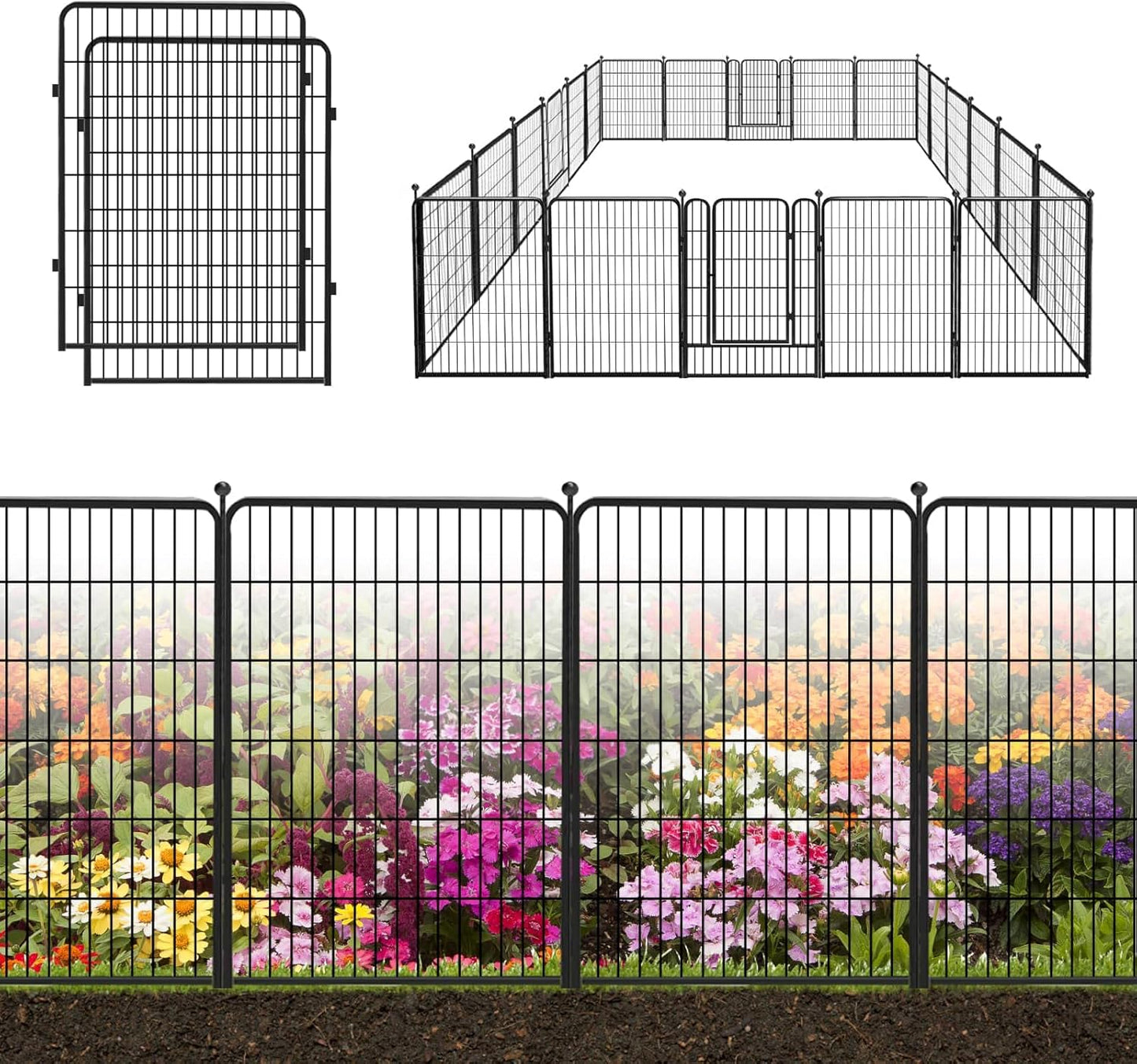 Decorative Black Metal Fencing Garden Fence with Gate, 50ft(L) 40in(H) 22 Fence Panels No Dig Fence Rustproof Animal Barrier Fence Temporary Dog Panels Fencing Outdoor