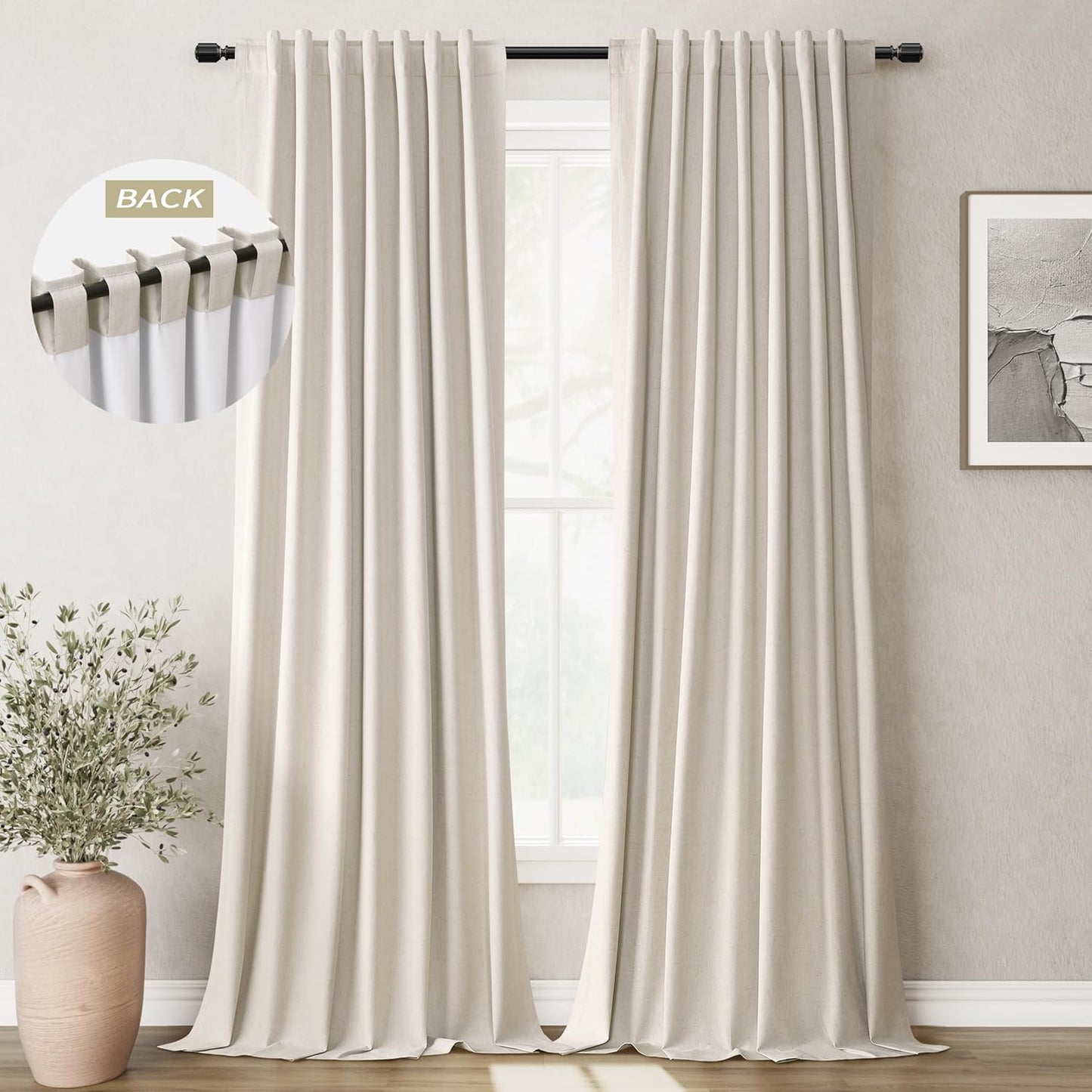 BOODII Greyish Beige 120 Inch Long Blackout Curtains for Living Room Linen Blend Back Tab Neutral Modern Room Darkening Curtains Thermal Insulated Black Out Curtain for High French Window Light Taupe