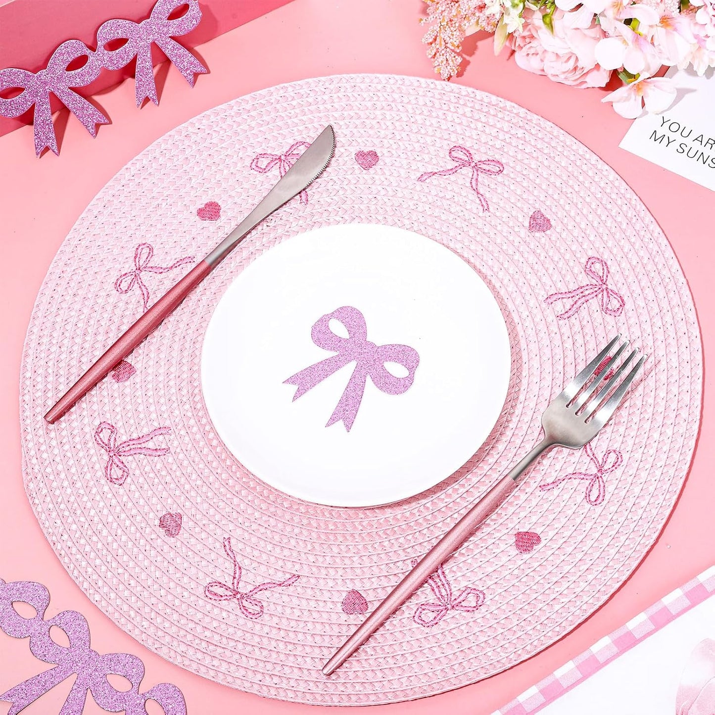 Whaline 4Pcs Round Placemats Pink Bow Embroidered Place Mats Coquette Bow Dinner Table Mats for Home Wedding Baby Shower Birthday Party Decor
