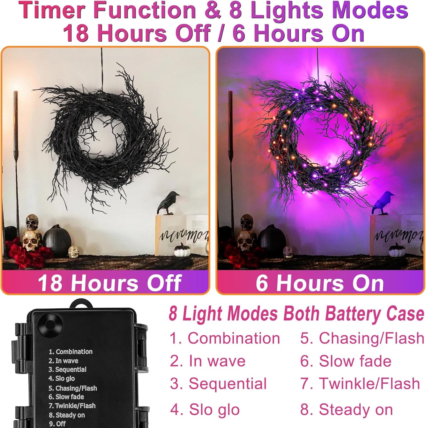 6 FT 45 LED Willow Vine Twig Decor Black Halloween Garland with Orange Purple Lights, Timer 8 Modes Waterproof Battery Operated Indoor Halloween Decorations for Wall Fireplace Mantle Home Office Decor