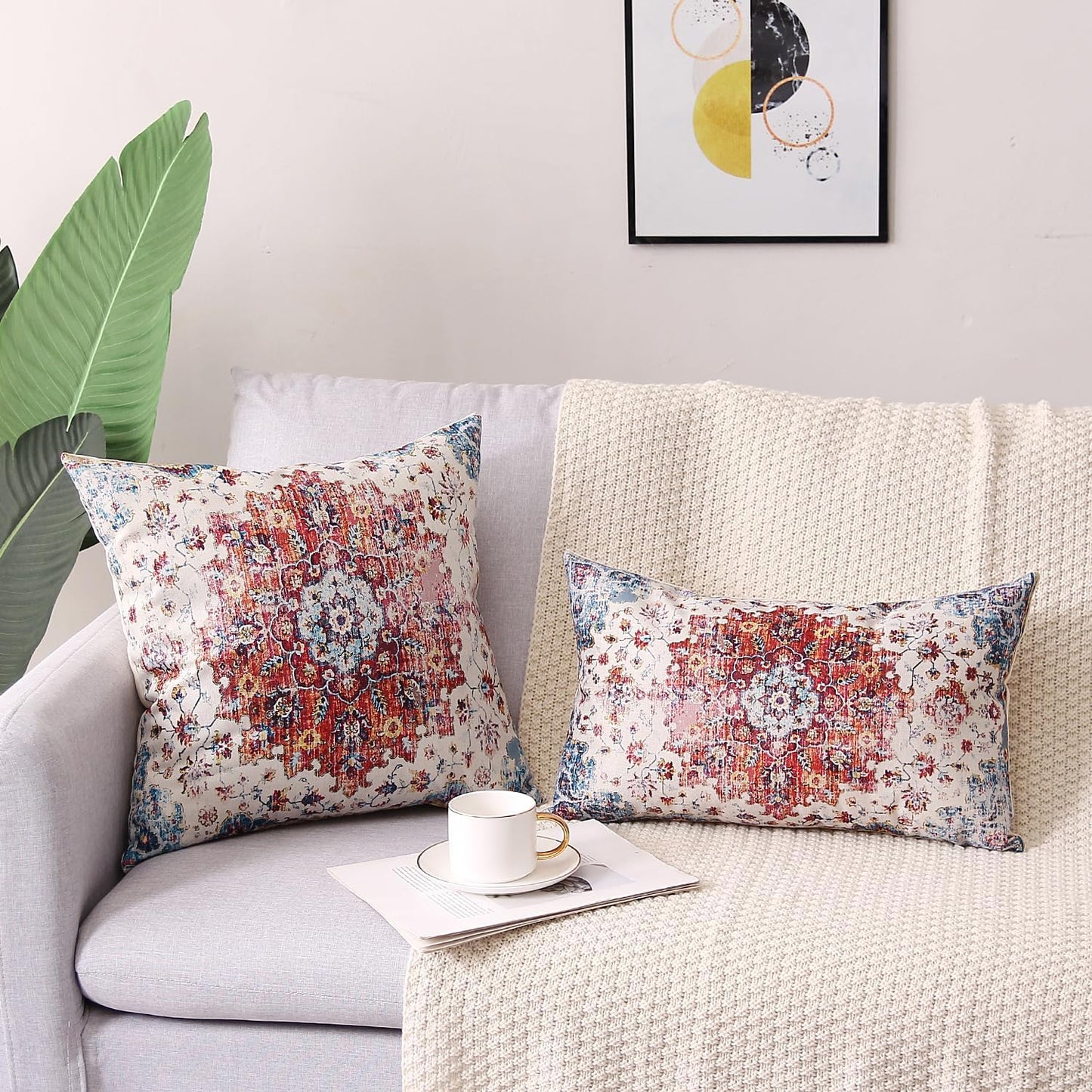 Outdoor Waterproof Pillow Covers - 18 X 18 Inch Set of 2 Blue Orange Bohemian Vintage Carpet Pattern Decorative Farmhouse Pillow Covers for Couch Garden Balcony