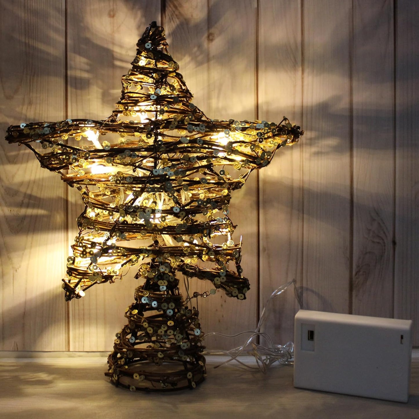 CVHOMEDECO. Rattan Star Christmas Tree Topper with LED Lights, Rustic Farmhouse Style Tree Toppers Ornaments, 8 x 10 Inch