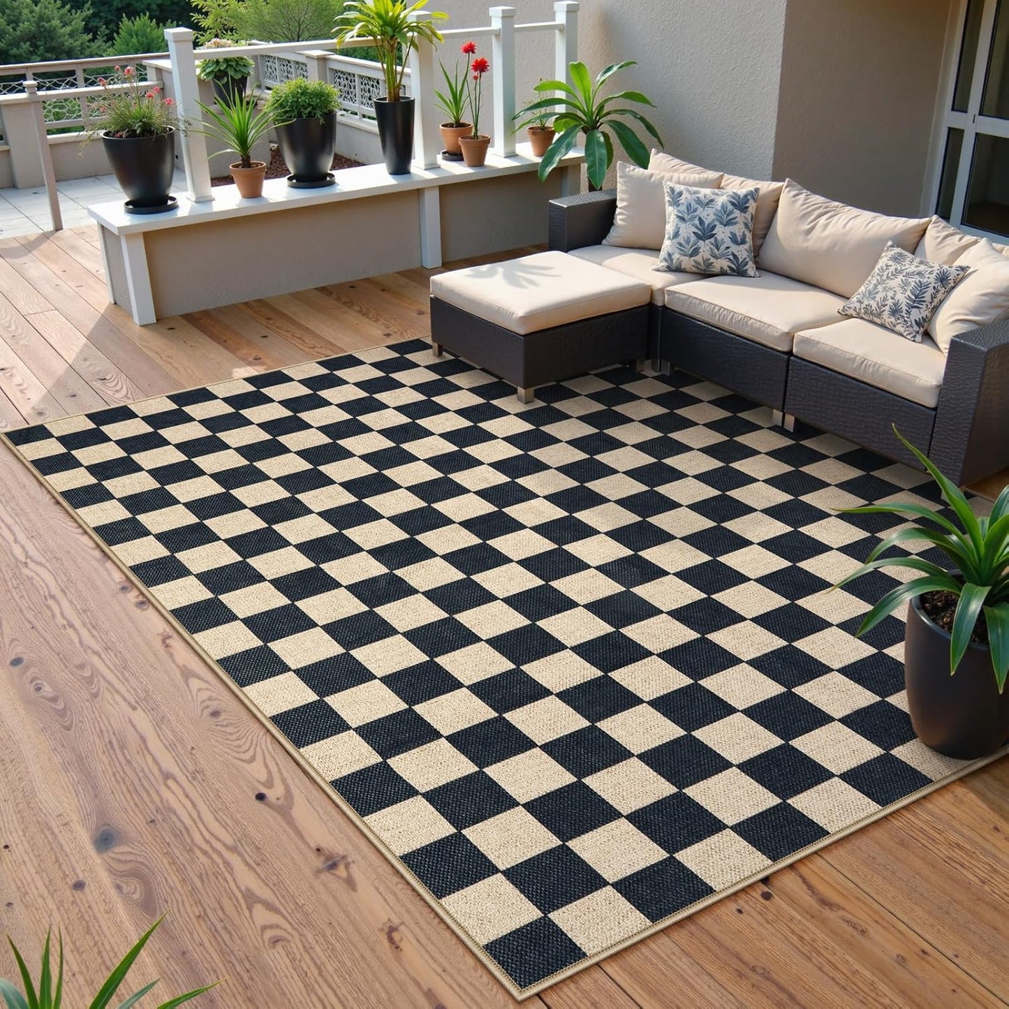 Lahome Checkered Easy Jute Outdoor Rug, 5x7 Farmhouse Rugs for Living Dining Room, Washable Non Slip Non Shedding Floor Carpet for Sunroom Mudroom Backyard Deck