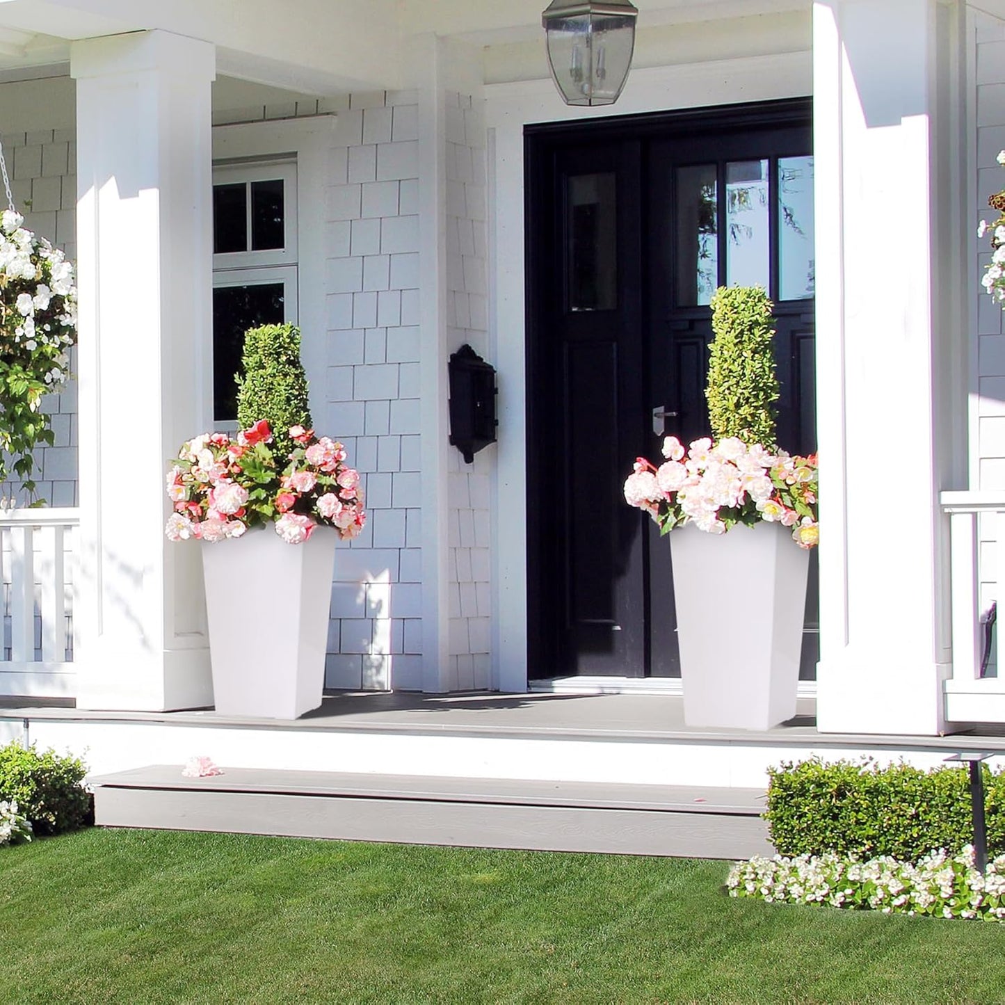 22.5" Tall Planters Set of 2, Outdoor＆Indoor Black Planter Pots, High Front Porch Planter Pots with Drainage Holes＆Water Level Monitor＆Inner Bucket, Automatic Watering, White