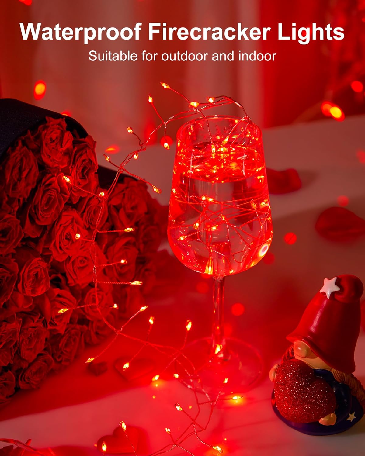 Red Fairy Lights Battery Operated, Valentine's Day Silver Wire 5 Feet 60 Led Firecracker String Lights for DIY Wreath Home Wedding Party Bedroom Mason Jar Holiday Christmas
