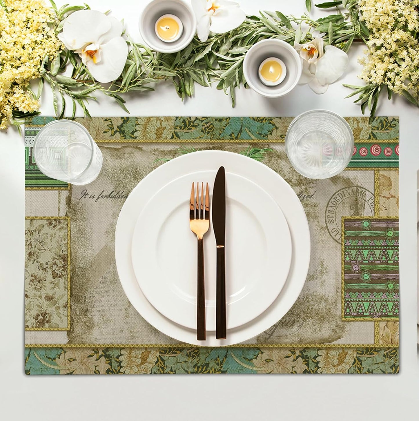 Tropical Palm Tree Placemats Set of 4 Summer Vintage Green Leaf Kitchen Table Mat 12x18 Inch Hawaii Beach Jungle Plant Tree Heat Resistant Washable Linen Place Mats for Dining Tables