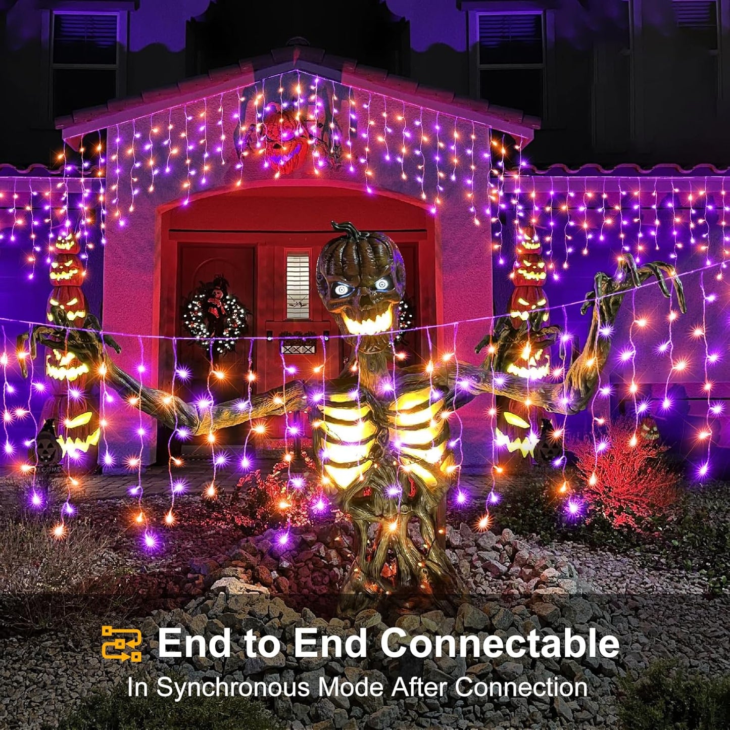 66ft Halloween Lights Outdoor, Orange and Purple Icicle Lights for Outside Indoor, 640 LED Twinkle String Lights with 120 Drops Clear Wire Short Curtain Light for House Party Tree Holiday Yard Decor