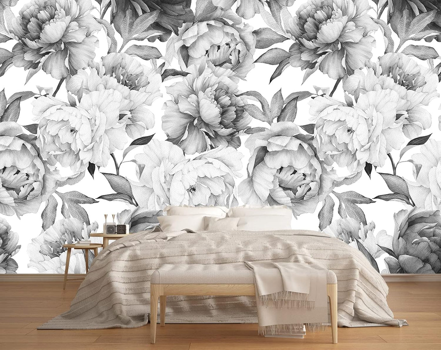 Gray Peonies Wallpaper Watercolor Floral Mural Wallpaper for Nursery(Not Peel n' Stick)