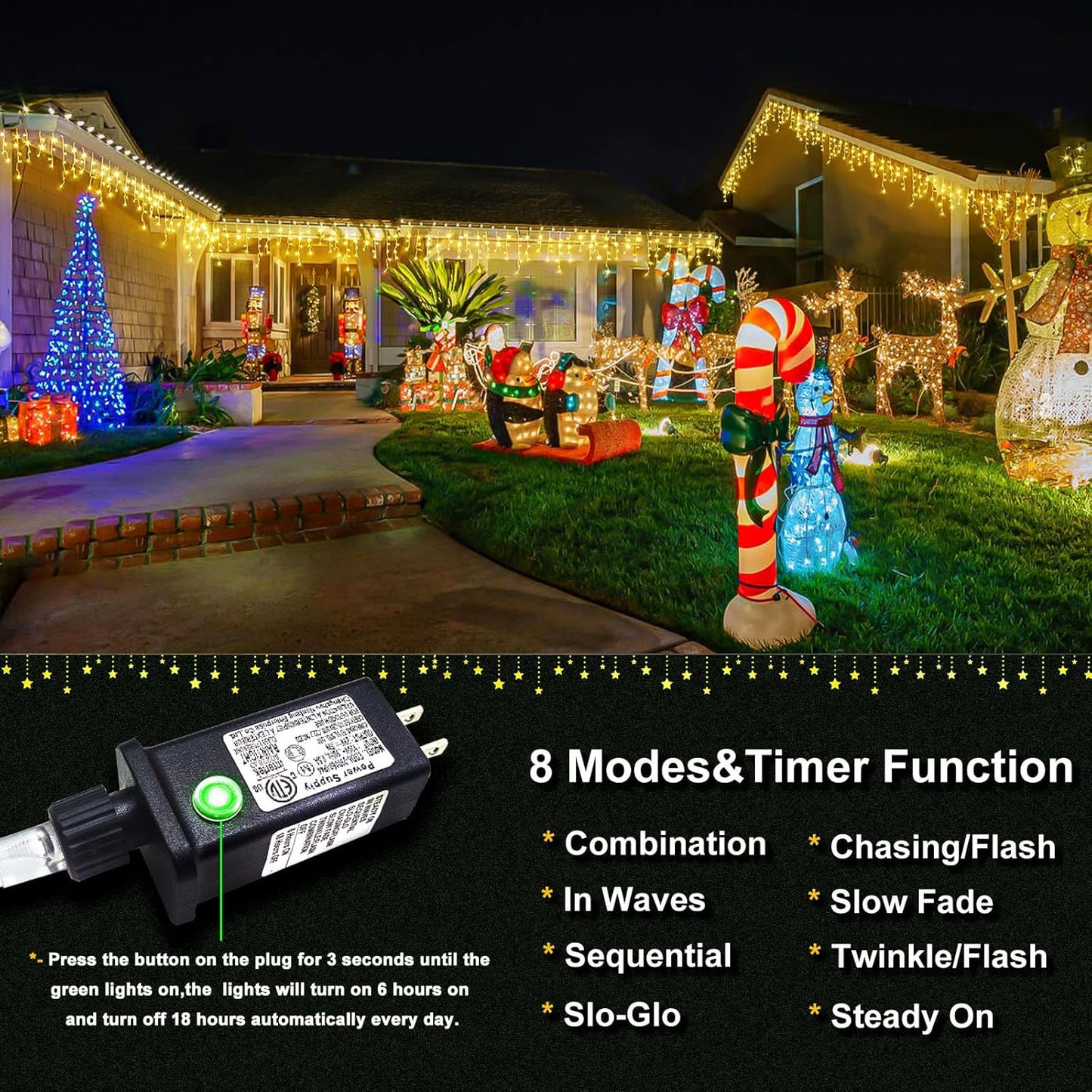 Icicle Christmas Lights Outdoor, 66ft 640 LED Icicle Lights for Outside 8 Modes with 75 Drops, Plug in Christmas Light for House Indoor Holiday Wedding Christmas Decorations, Warm White