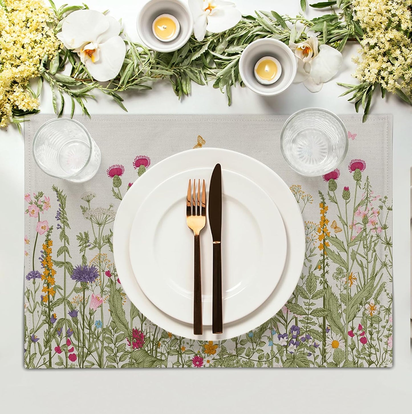 Rustic Wildflower Floral Placemats Set of 4 Spring Summer Vintage Flowers Plants Herbs Linen Table Mats 12x18 Inch Seasonal Flower Decorative Place mats for Farmhouse Kitchen Dining Decoration