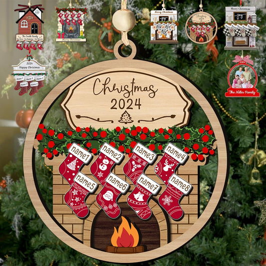 Personalized Christmas Ornaments with Names of 2/3/4/5/6/7/8 Custom Family Ornament Customized Xmas Tree Hanging Wood Decoration Gift Round Fireplace