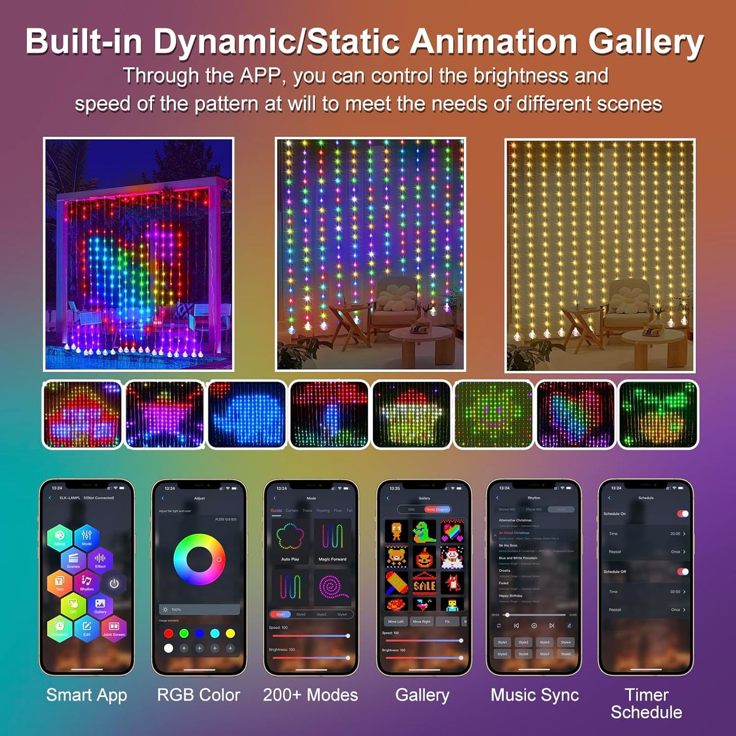 Smart Animated Curtain String Lights Remote APP Control 6.6 x 6.6Ft 400LED RGB Color Changing Waterproof DIY Hanging Window Fairy Light Programmable Music Sync for Christmas,Halloween,4th of July