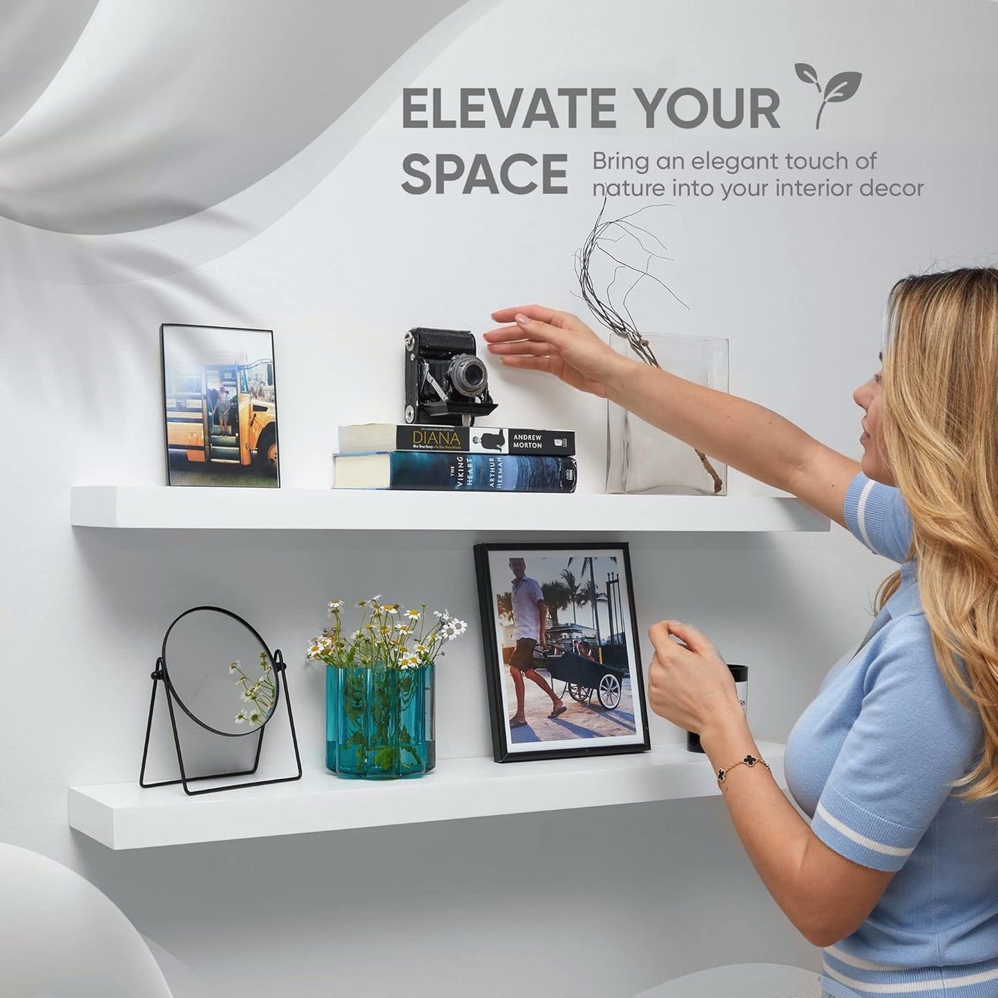 Homeforia White Floating Shelves 36 inch, High End Solid Real Wood 36inch Floating Shelf for Wall Mounted, White Wooden 36in Long Floating Shelves, Heavy Duty Bracket, 36 X 6.5 X 1.75 inches, Set of 2