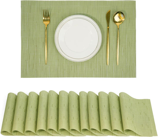 Placemats Set of 12，Non-Slip PVC Weave Table Mats Easy to Clean，Heat Resistant Place Mats for Kitchen Dining Table Decoration Indoor Outdoor，Pea Green