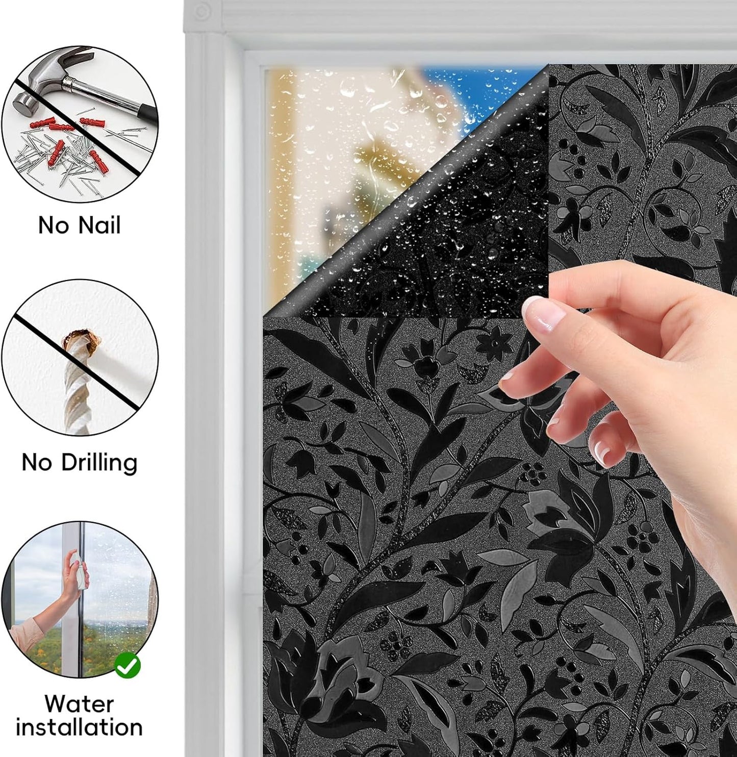 Total Blackout Window Privacy Film Decorative Static Cling with Tools, Room Darkening Window Tint for Home, Black Out Window Cover Replacement Window Curtains Window Blinds,45.2" by 78.74"