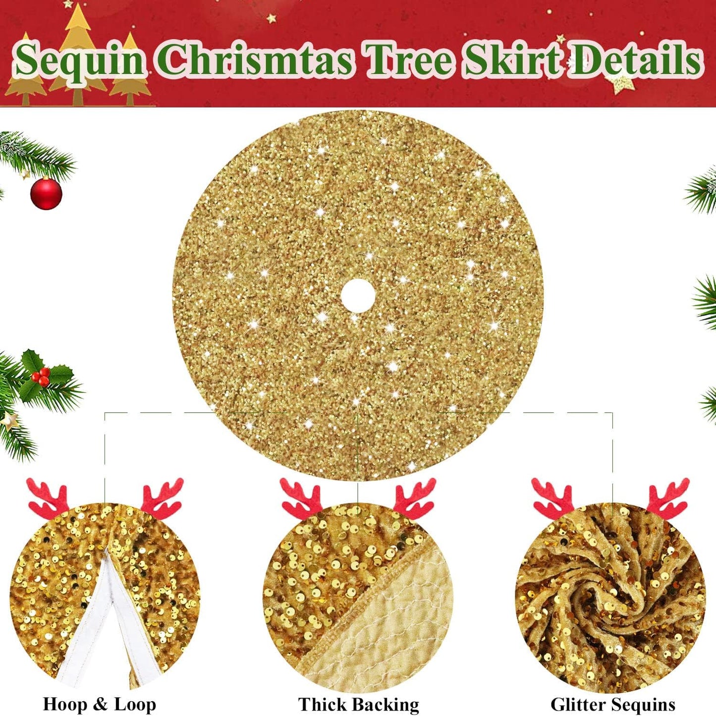 Gold Tree Skirt 36 Inch Shiny Sequin Christmas Tree Skirt Christmas Ornaments for Feast Tree Velvet Round Xmas Tree Skirts Glitter Metallic Christmas Tree Base Skirt Unique Sequins Tree Blanket.