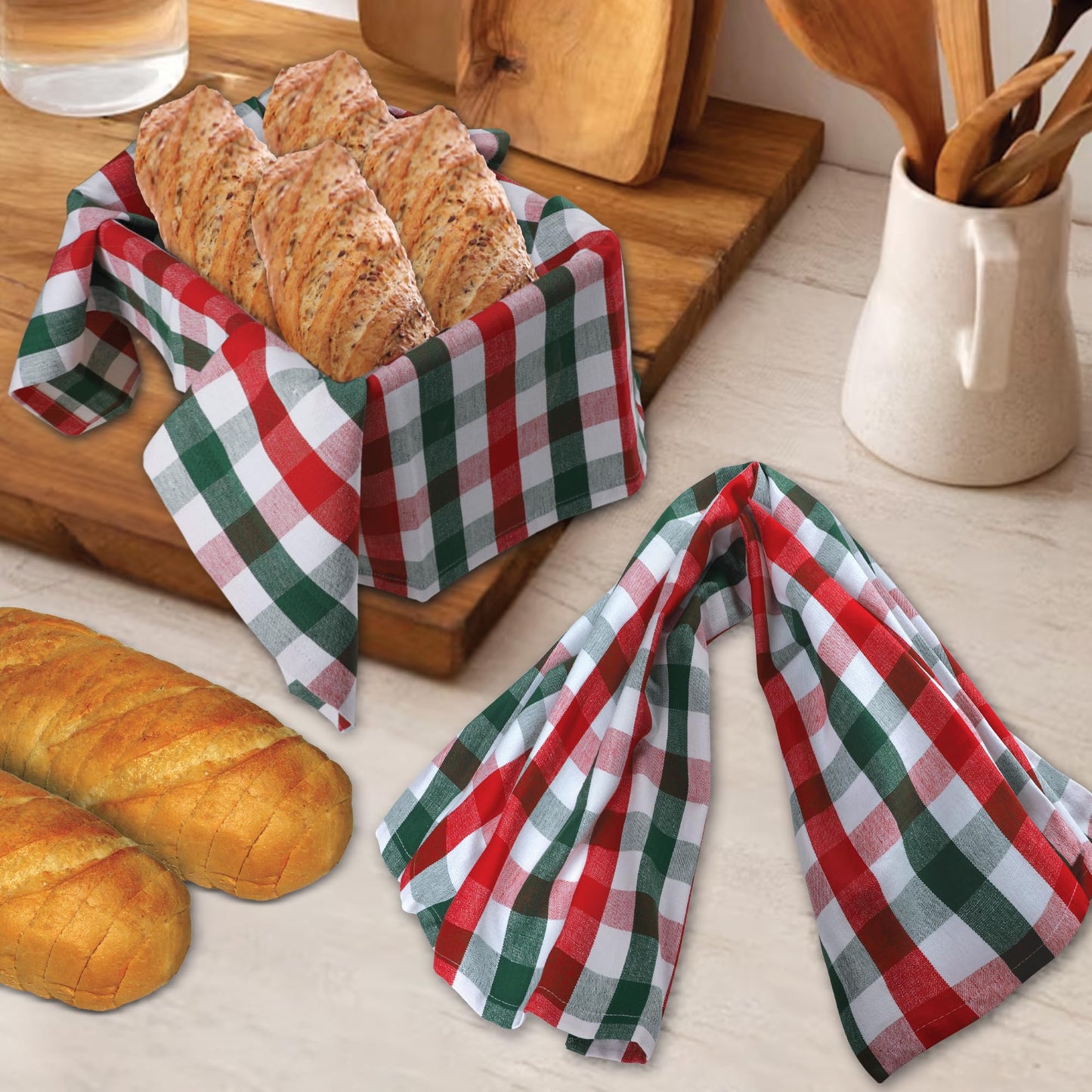 Christmas Kitchen Towels Set (6 Pack) – 100% Cotton, Absorbent Dish Cloths with Hanging Loop (X-Mas Checks, 20"x30")