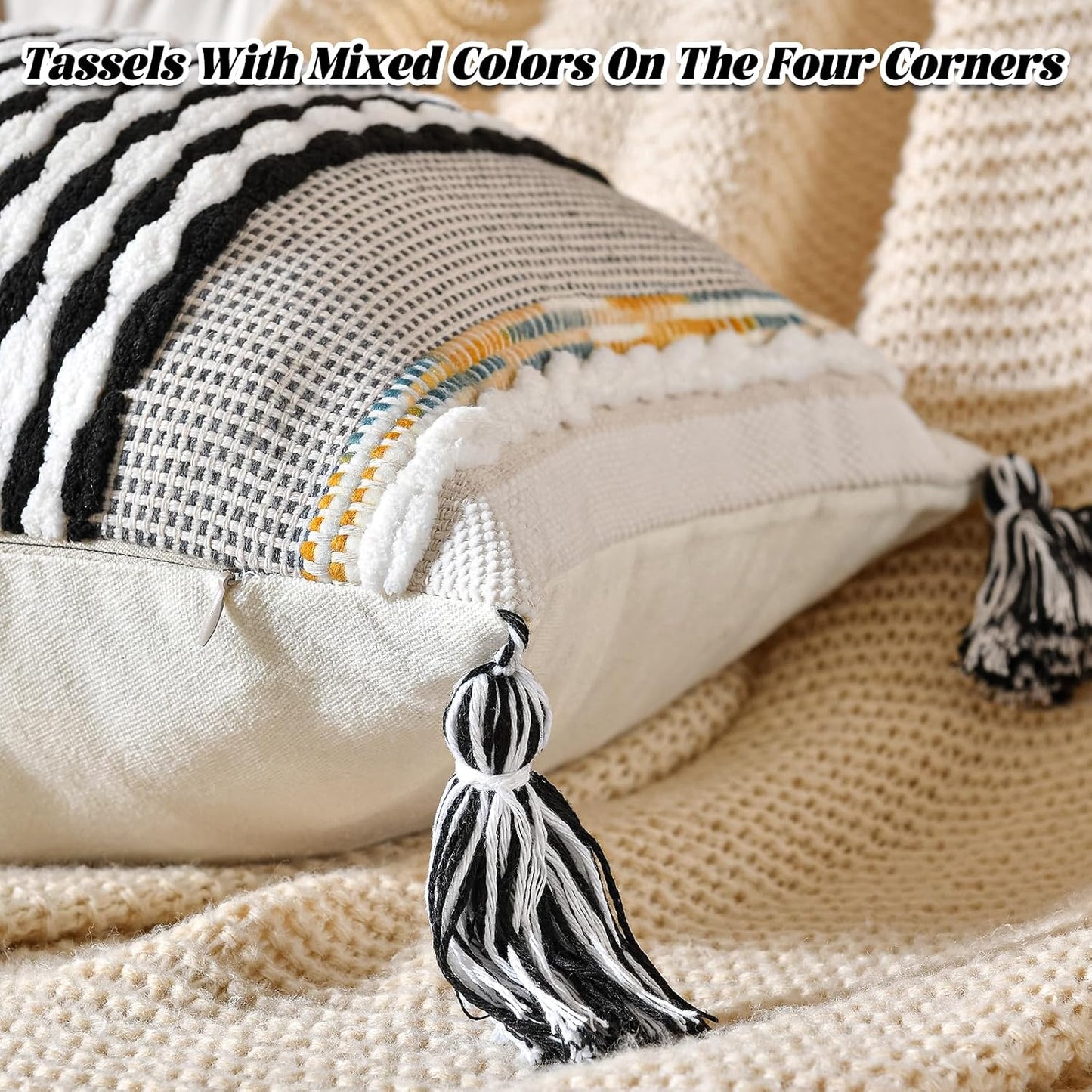 AmHoo Chenille Striped Textured Boho Throw Pillow Covers Aesthetic with Tassels Woven Decorative Pillow Case for Couch Bed Sofa Bedroom Modern Funky 14 x 36-Inch Black