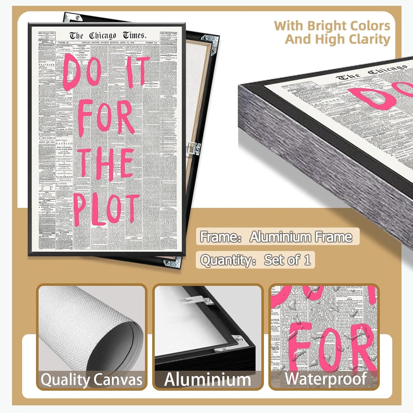 Liyark Retro Black And White Chicago Newspaper Poster Pink Trendy Preppy Apartment Art Motivational Affirmation Do It For The Plot Prints For Home Bedroom Living Room Wall Decor 24x36in Framed