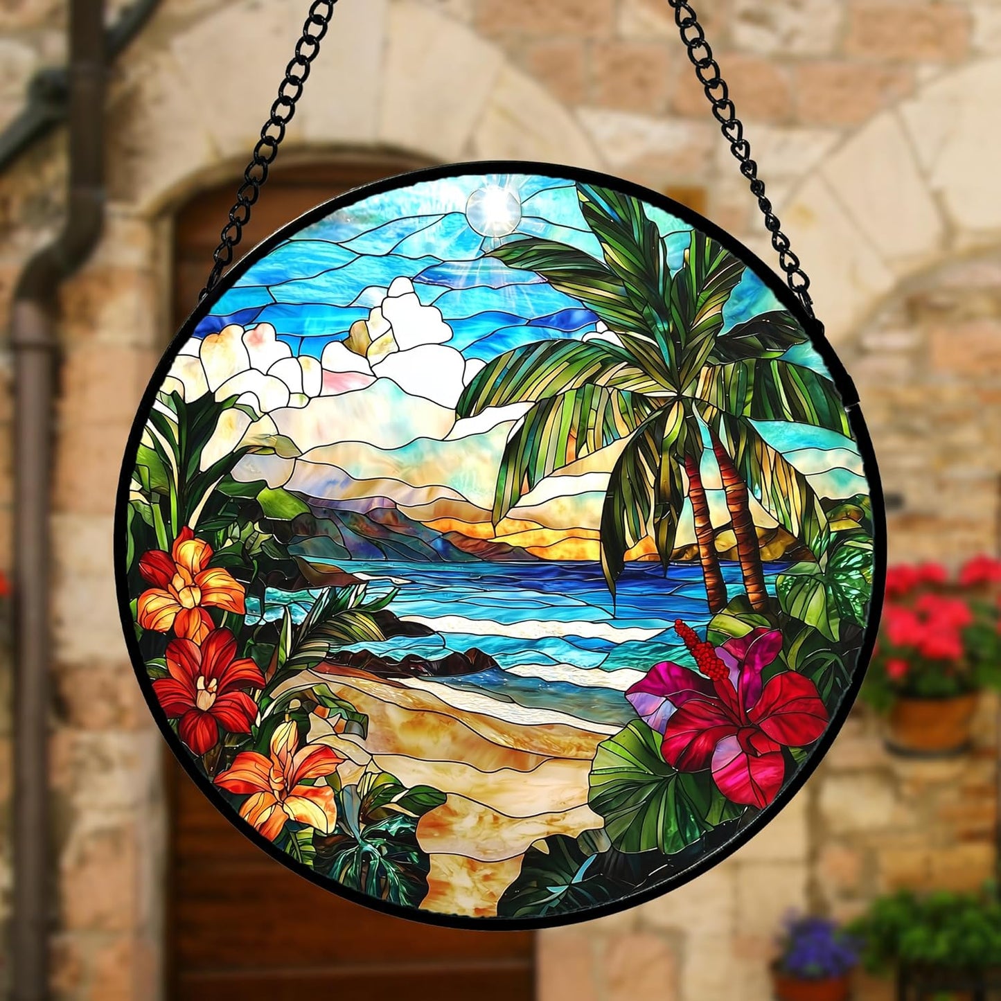 Stained Glass Window Hanging, Blue Beach Scenery Suncatcher Diamond Glass Panel Hangings Sun Catchers Decor for Birthday for Women, Men, Wife, Aunt, and Mom 6.3 in