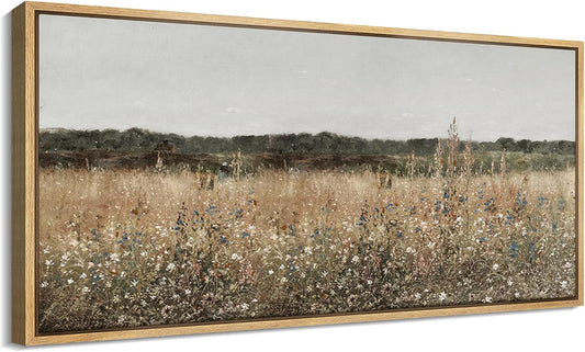 MUDECOR Extra Large Framed Canvas Print Wall Art Misty Morning Meadow with Wildflowers Antique Retro Fine Art Illustrations Decorative Colorful for Bedroom - 60"x30"