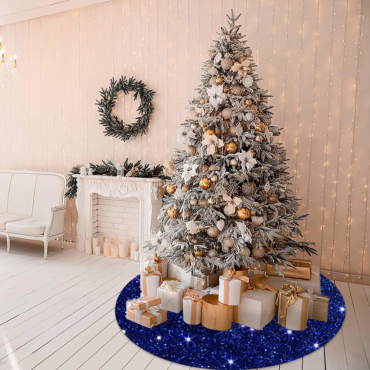 MODFUNS Sequin Tree Skirt Royal Blue Christmas Tree Skirt 60 Inch Velvet Fabric Large Xmas Tree Mat Glitter Tree Skirts Luxury Christmas Tree Skirts Sparkly Tree Cover Skirt Xmas Holiday Decor