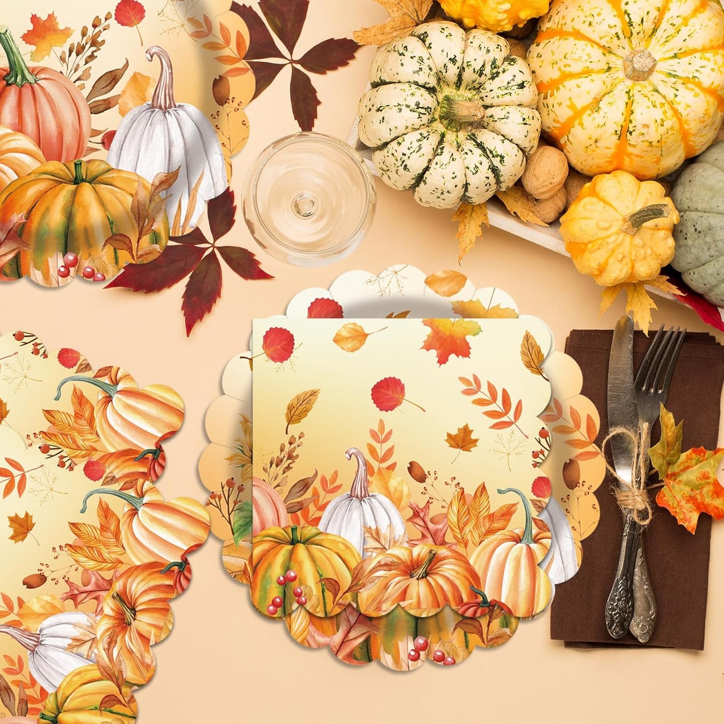 40 Pcs Fall Pumpkin Dessert Plates and Napkins Sets Autumn maple leaf 9" Paper dinner Plates and 6.5" Napkins Tableware For Fall Picnic Harvest Thanksgiving Day Party Decoration
